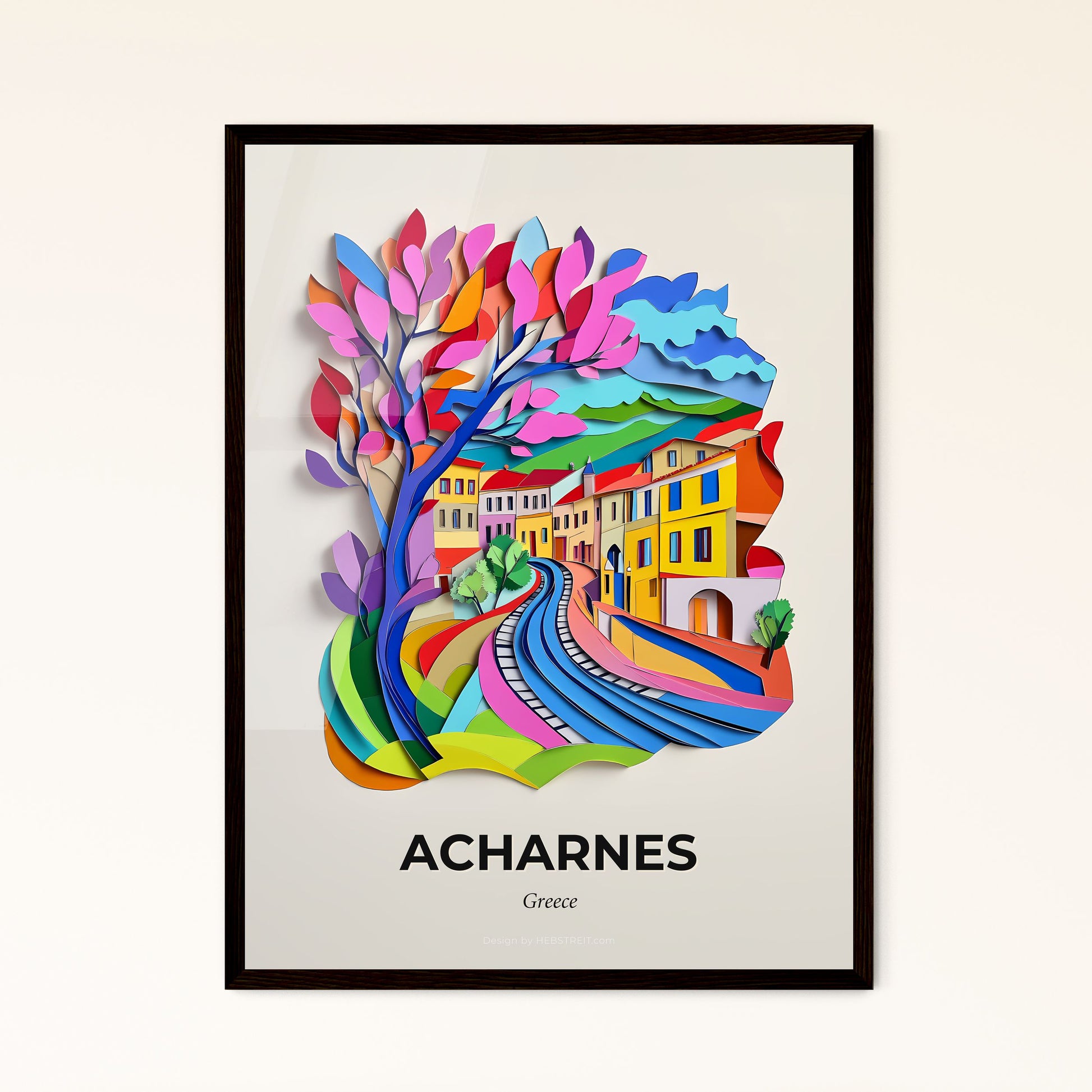 Vivid Acharnes, Greece - a colorful paper cut of a city with a train going through it