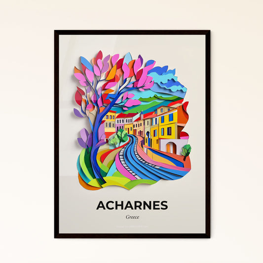 Vivid Acharnes, Greece - a colorful paper cut of a city with a train going through it