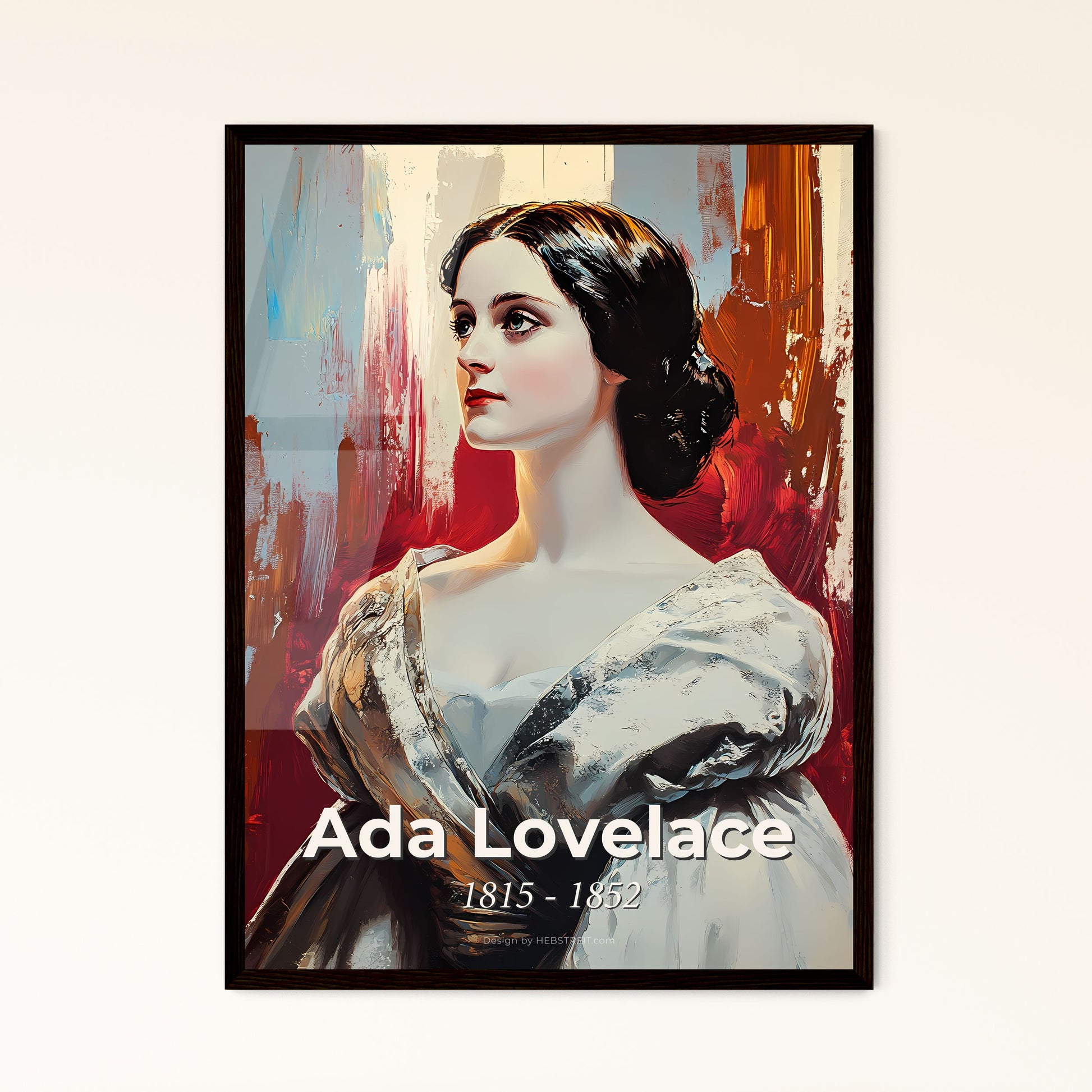 Portrait of Ada Lovelace, 1815 - 1852. Impressionistic painting of a painting of a woman in a dress.