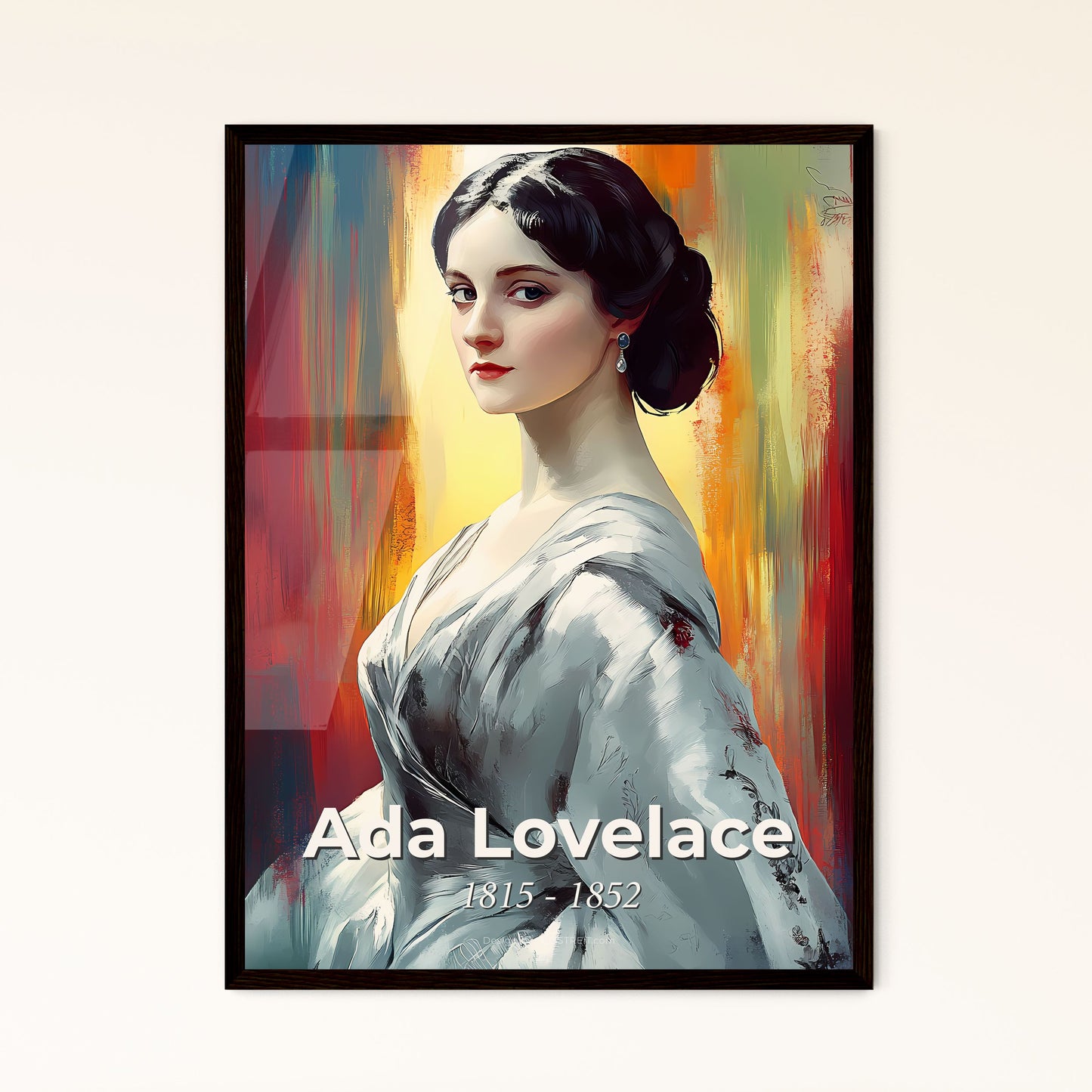 Portrait of Ada Lovelace, 1815 - 1852. Impressionistic painting of a woman in a white dress.