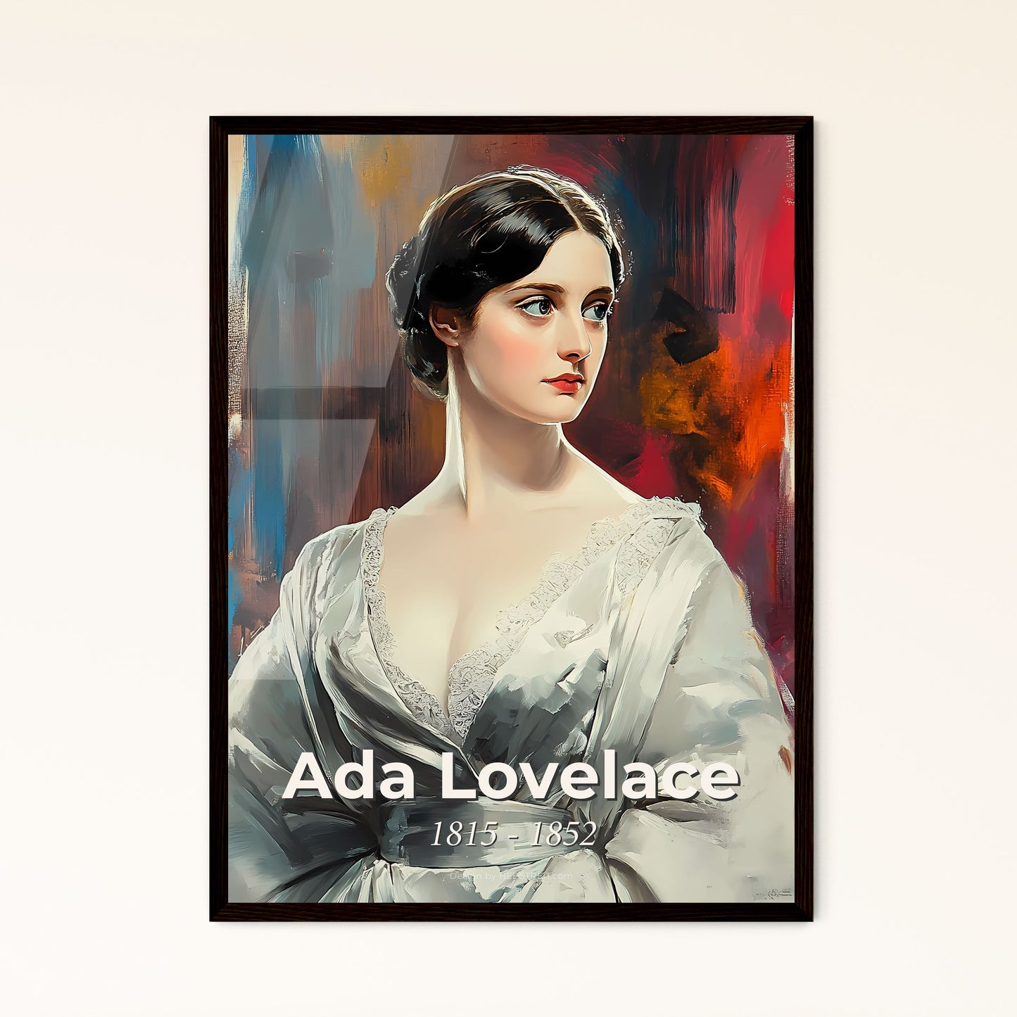 Portrait of Ada Lovelace, 1815 - 1852. Impressionistic painting of a painting of a woman in a white dress.