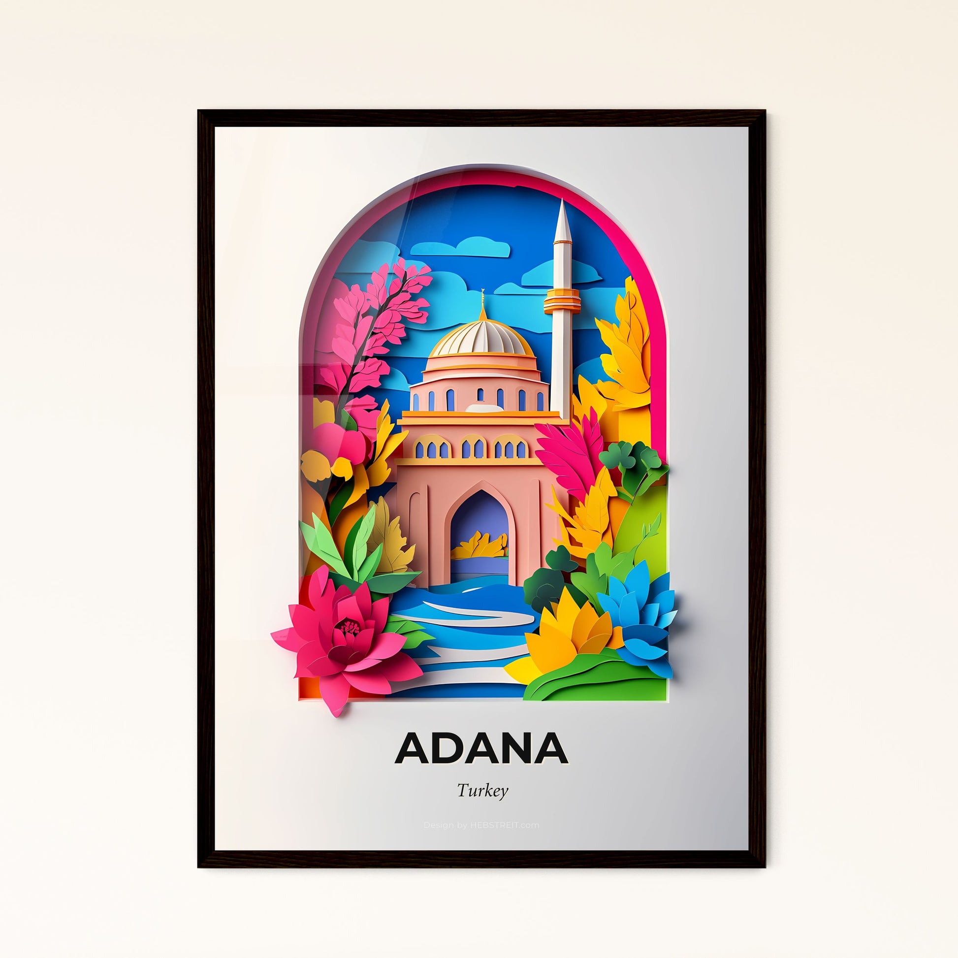 Vivid Adana, Turkey - a paper cut of a mosque with flowers