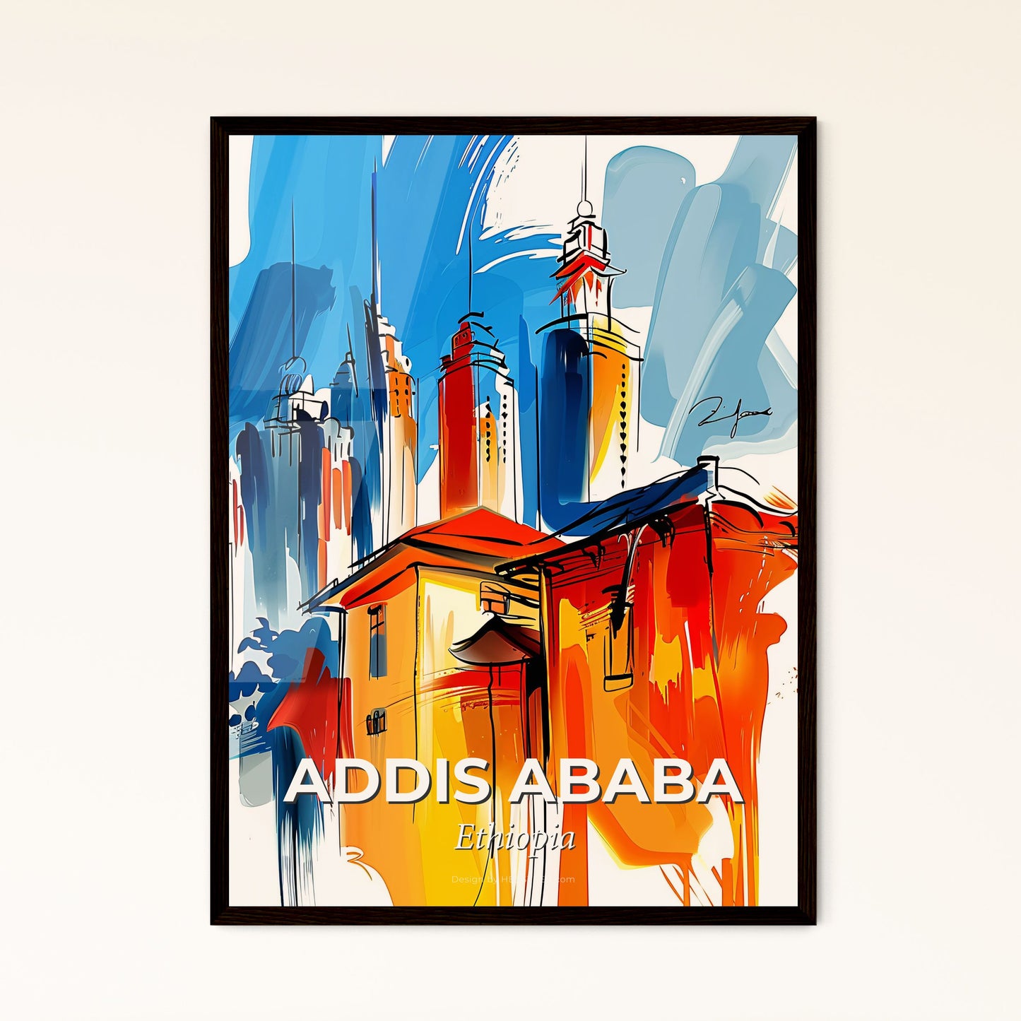 Vibrant Addis Ababa, Ethiopia - A Painting Of A Building With Towers And A Blue And Red Background