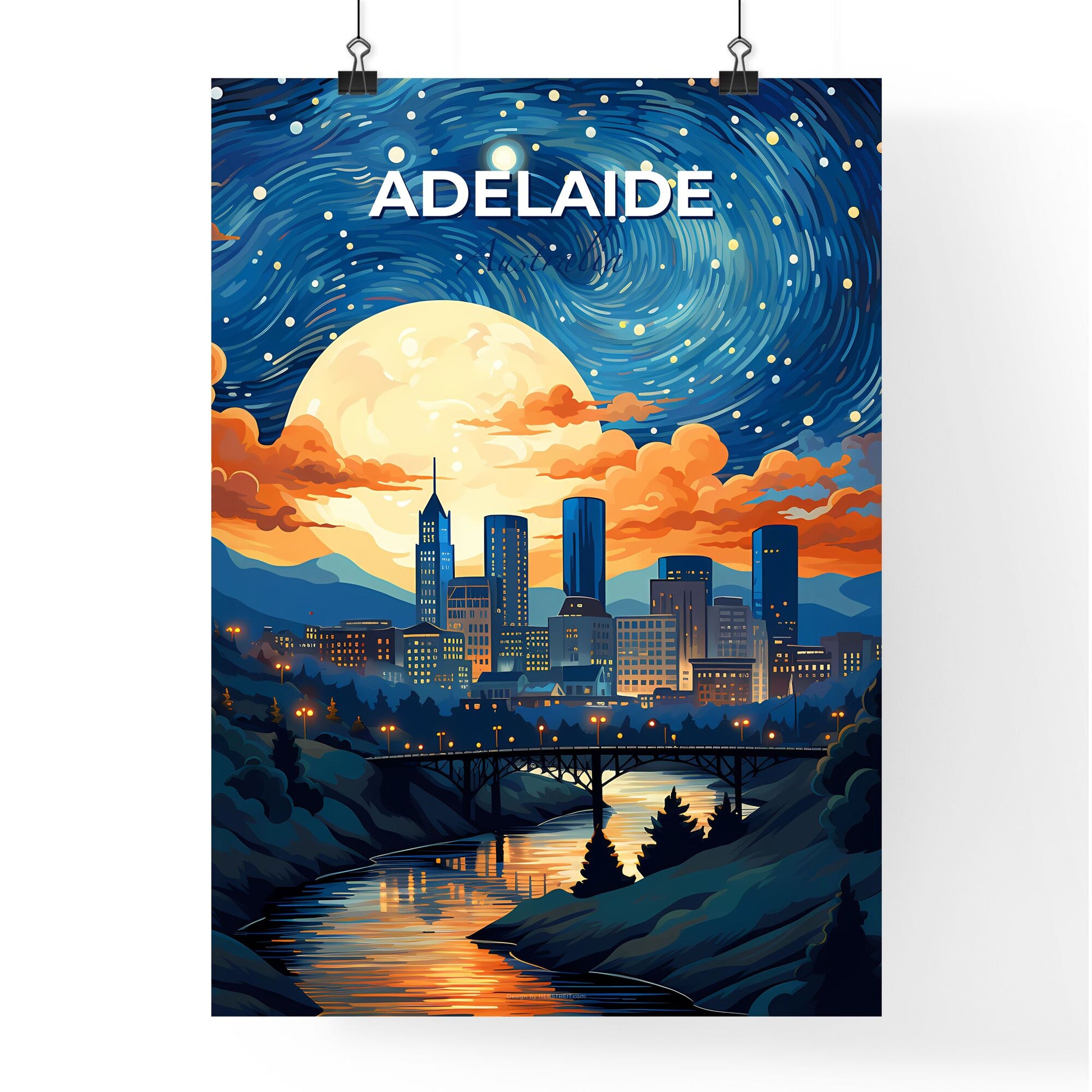 Vibrant Art Cityscape: Adelaide Skyline with Moon and Bridge Default Title