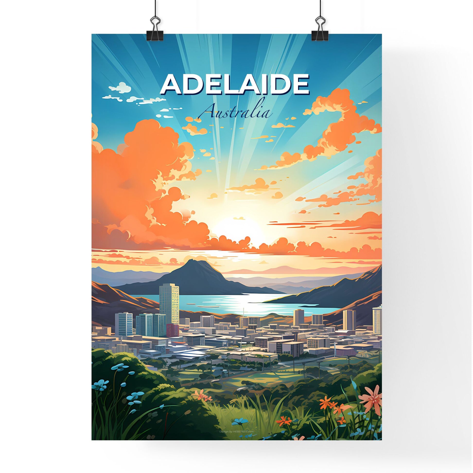 Colorful Cityscape of Adelaide, Australia with Mountainous Horizon and Flowers Default Title