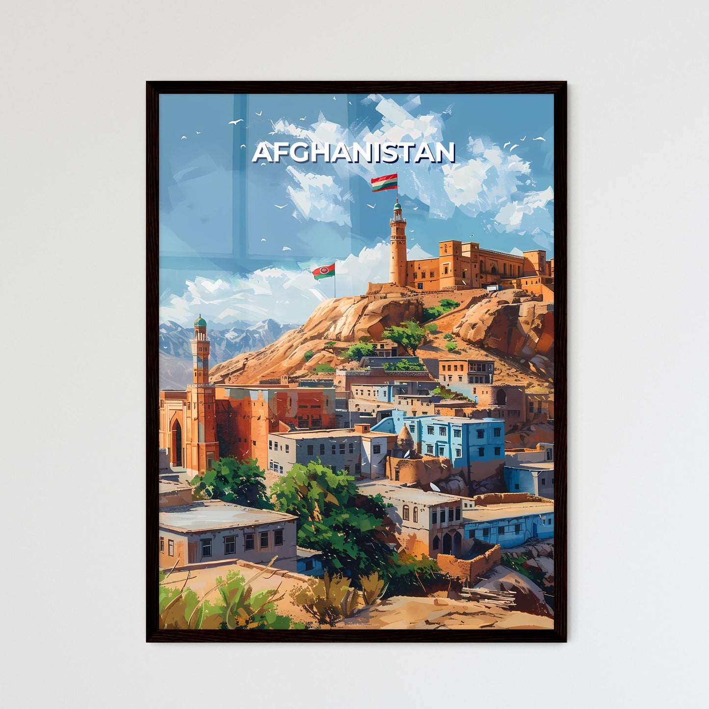 Afghanistan, South Asia - Colorful painting of a city on a mountain with a flag, showcasing the rich art and culture of the region.
