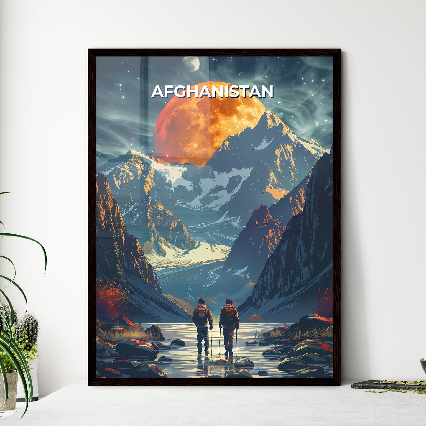 Vibrant Afghanistan Painting Showcasing a Mountain Range and Two Figures