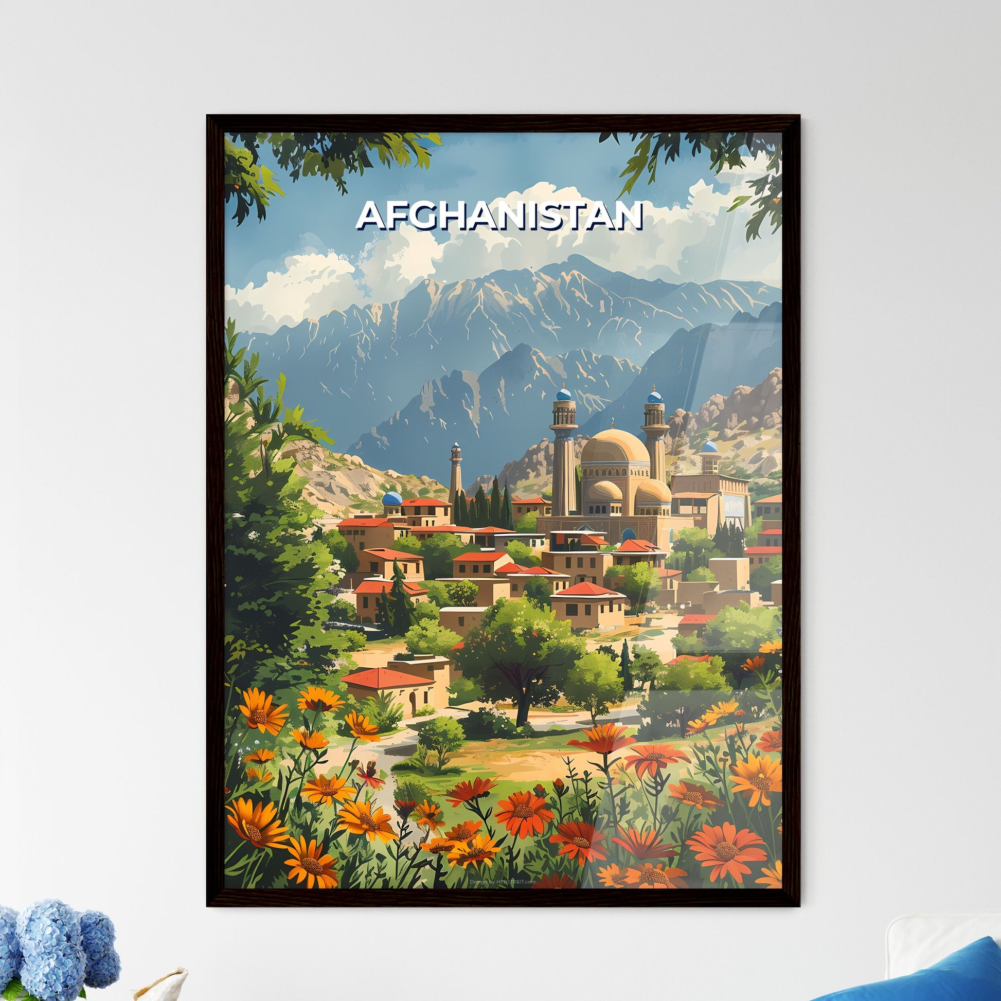 Afghanistan, South Asia - Artistic depiction of a traditional village nestled amidst mountains and vibrant flora