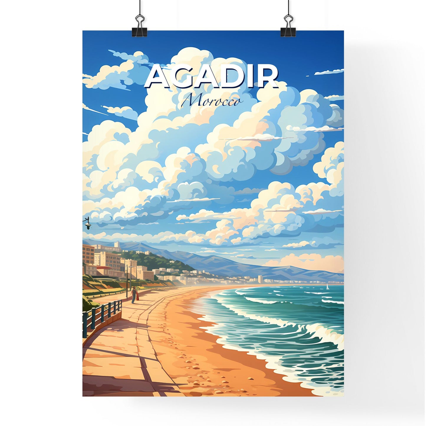 Vibrant Agadir Cityscape Painting with Colorful Buildings and Beach Default Title