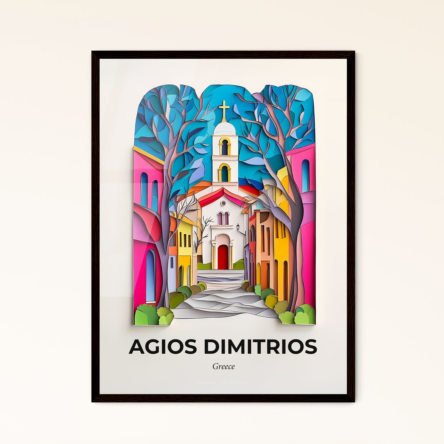 Vivid Agios Dimitrios, Greece - a colorful paper cut of a church and trees