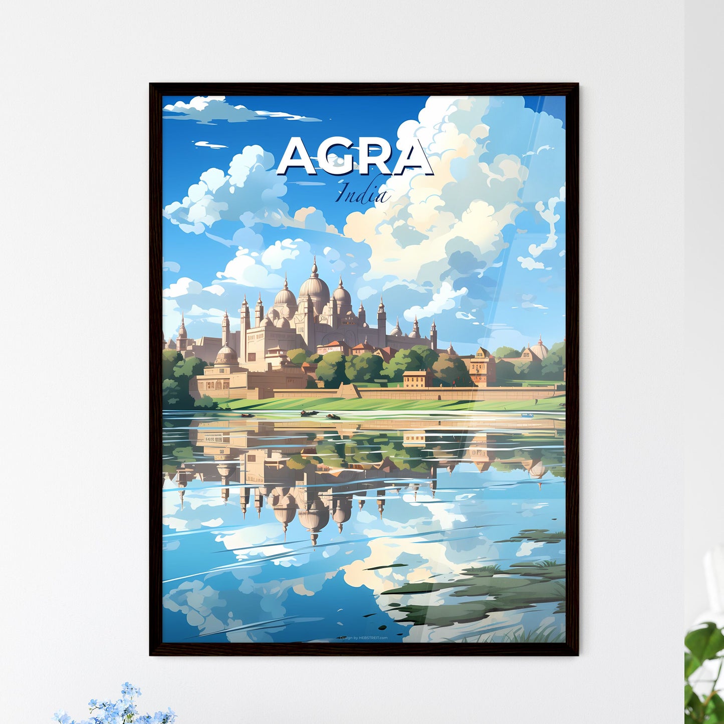 Vibrant Art Depiction of Agra India Skyline Featuring Castle, Trees, and Enchanting Water Body Default Title