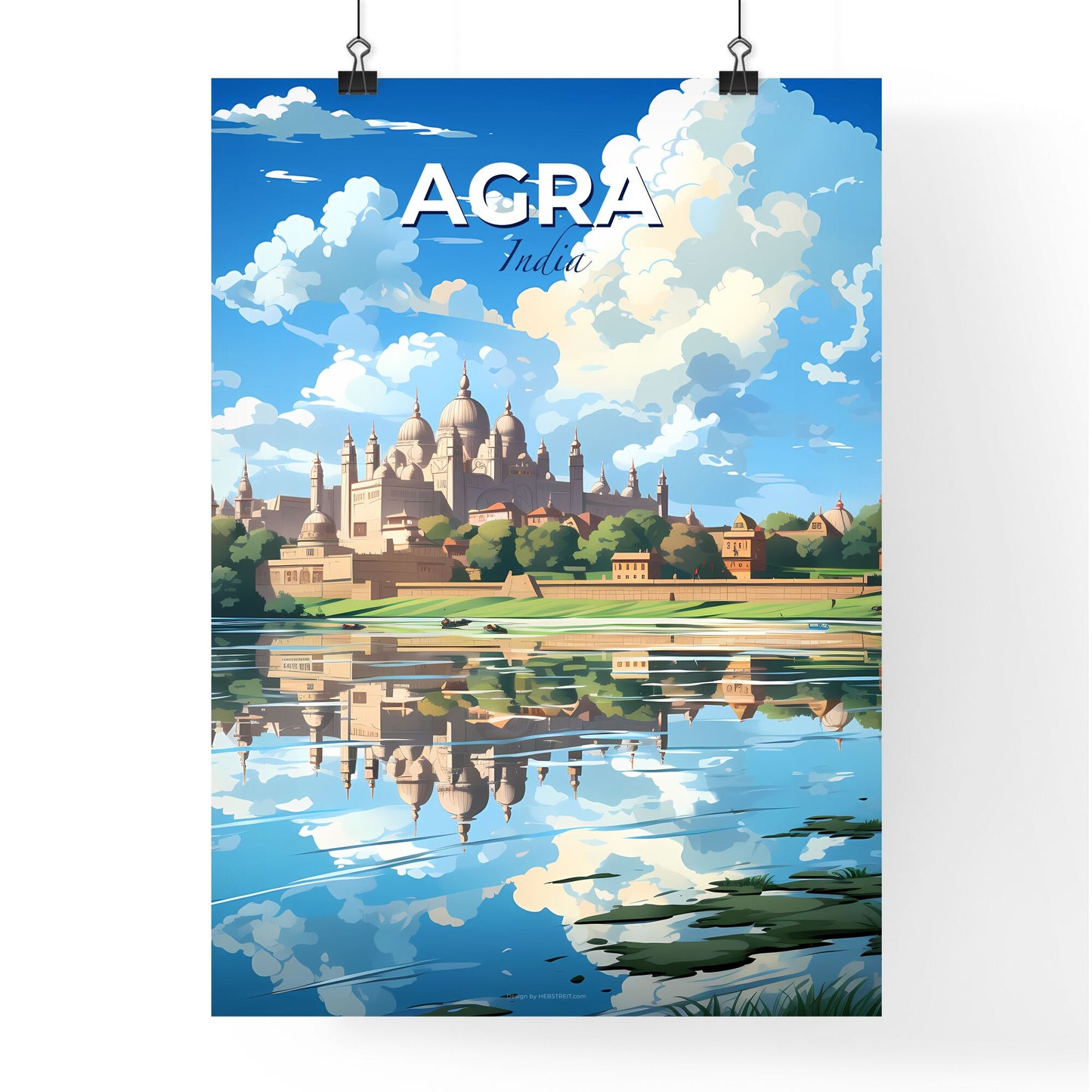 Vibrant Art Depiction of Agra India Skyline Featuring Castle, Trees, and Enchanting Water Body Default Title