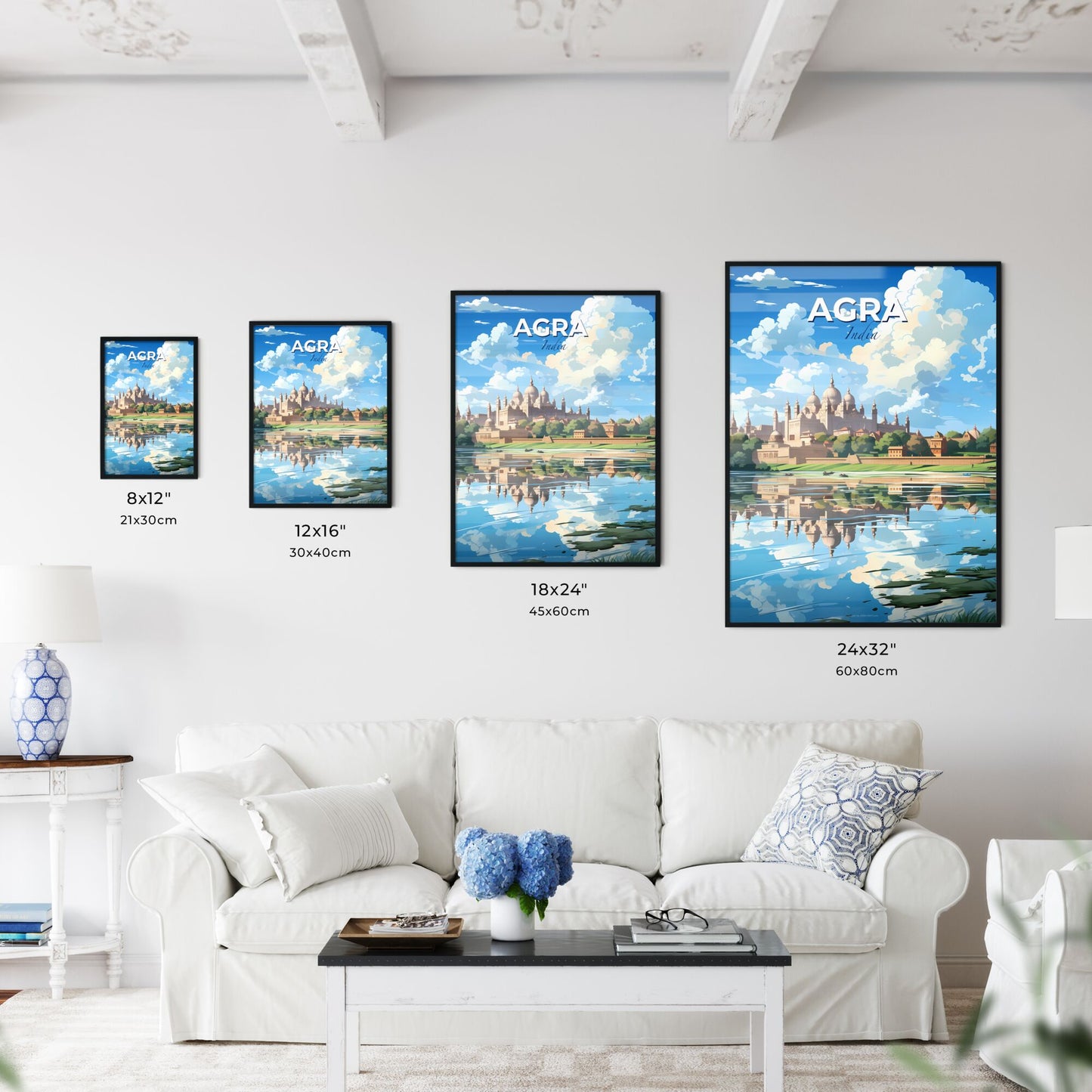 Vibrant Art Depiction of Agra India Skyline Featuring Castle, Trees, and Enchanting Water Body Default Title