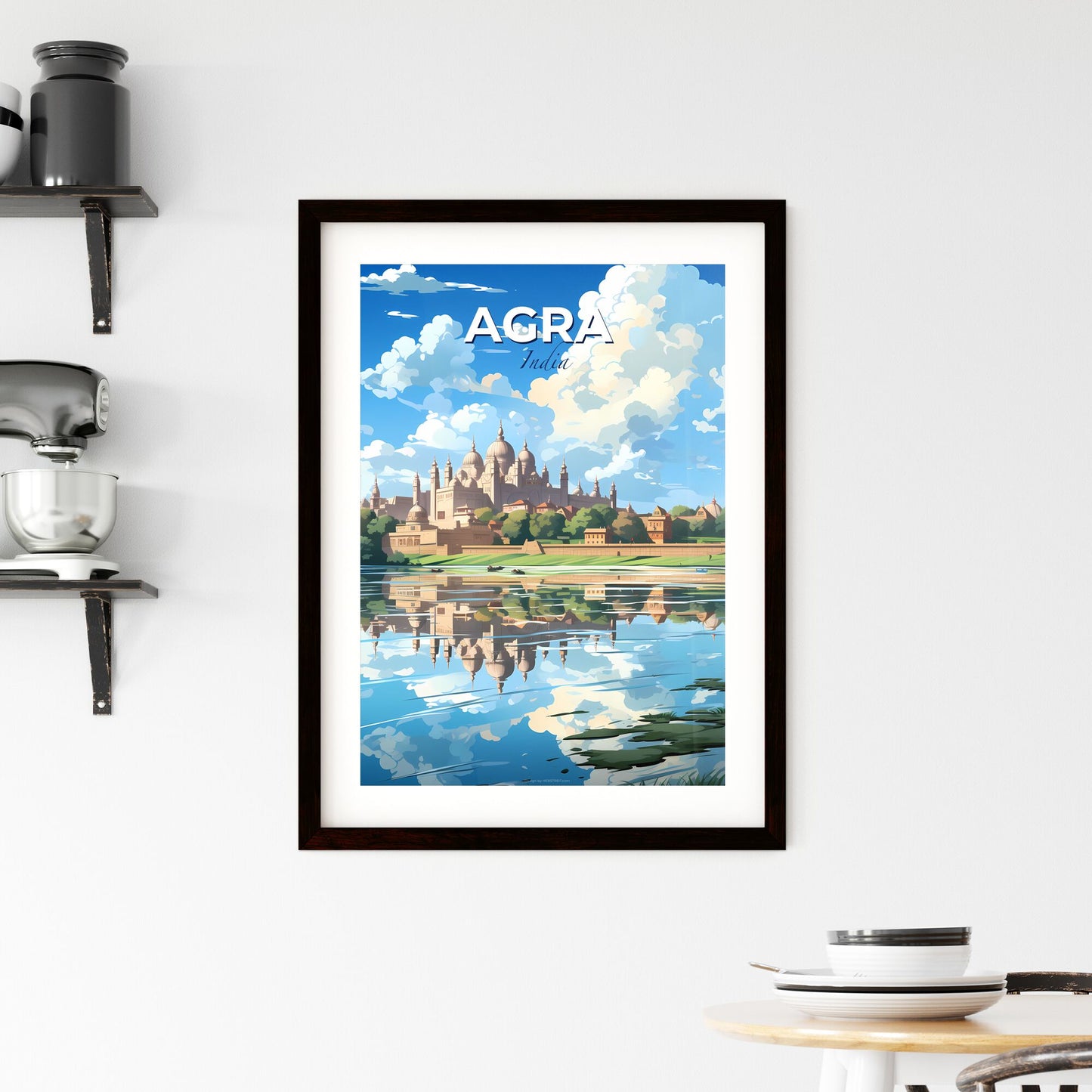 Vibrant Art Depiction of Agra India Skyline Featuring Castle, Trees, and Enchanting Water Body Default Title