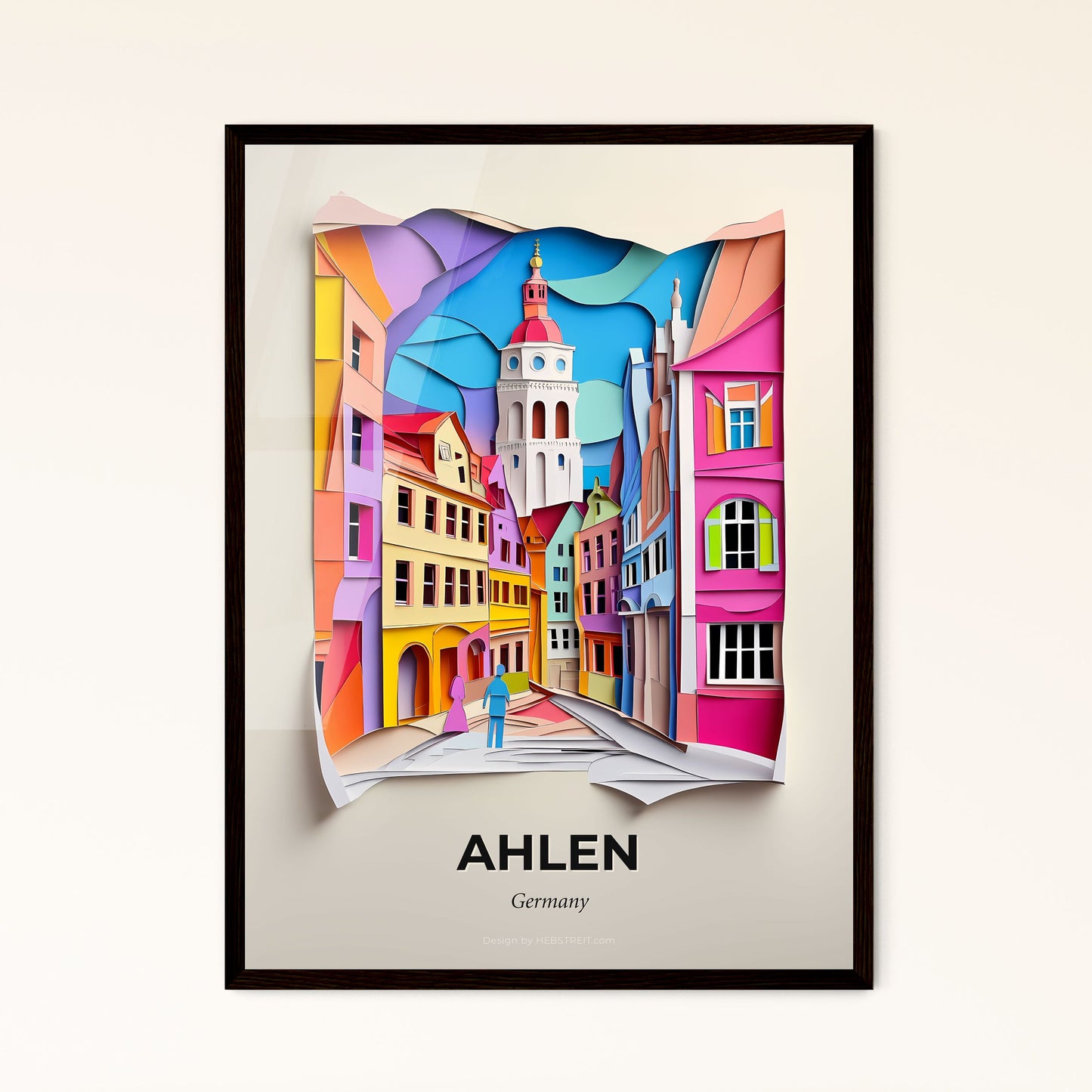 Vivid Ahlen, Germany - a paper cut of a city with a person walking down the street