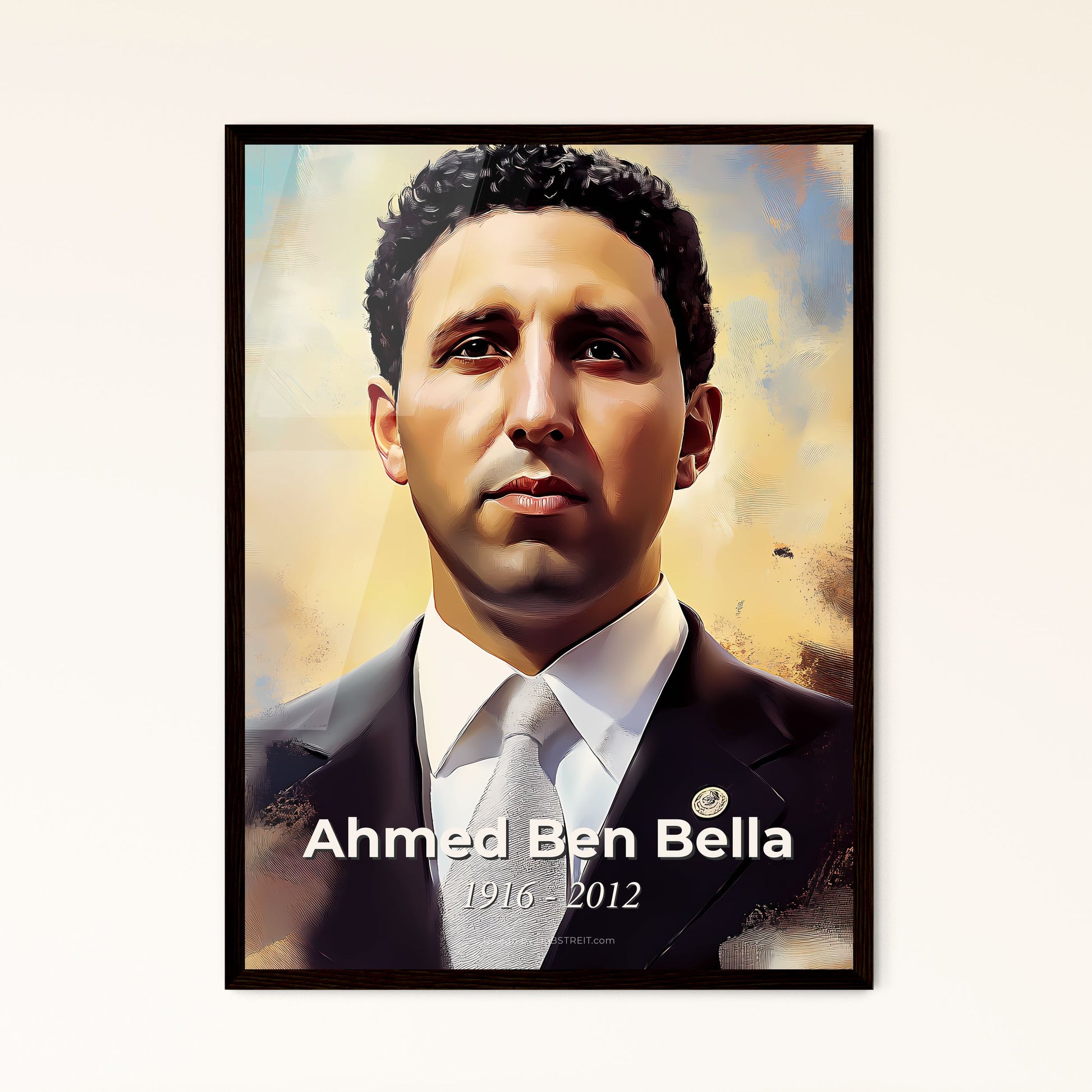 Portrait of Ahmed Ben Bella, 1916 - 2012. Impressionistic painting of a man in a suit.