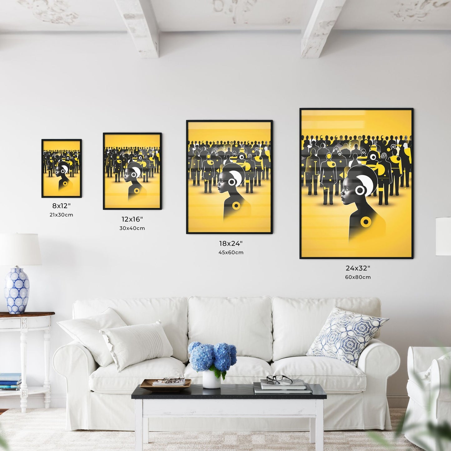 Vibrant Art Depicting Election Season with Social Media and Political Figures in a Yellow Room, Featuring Primitive Shapes and Black and White Accents Default Title