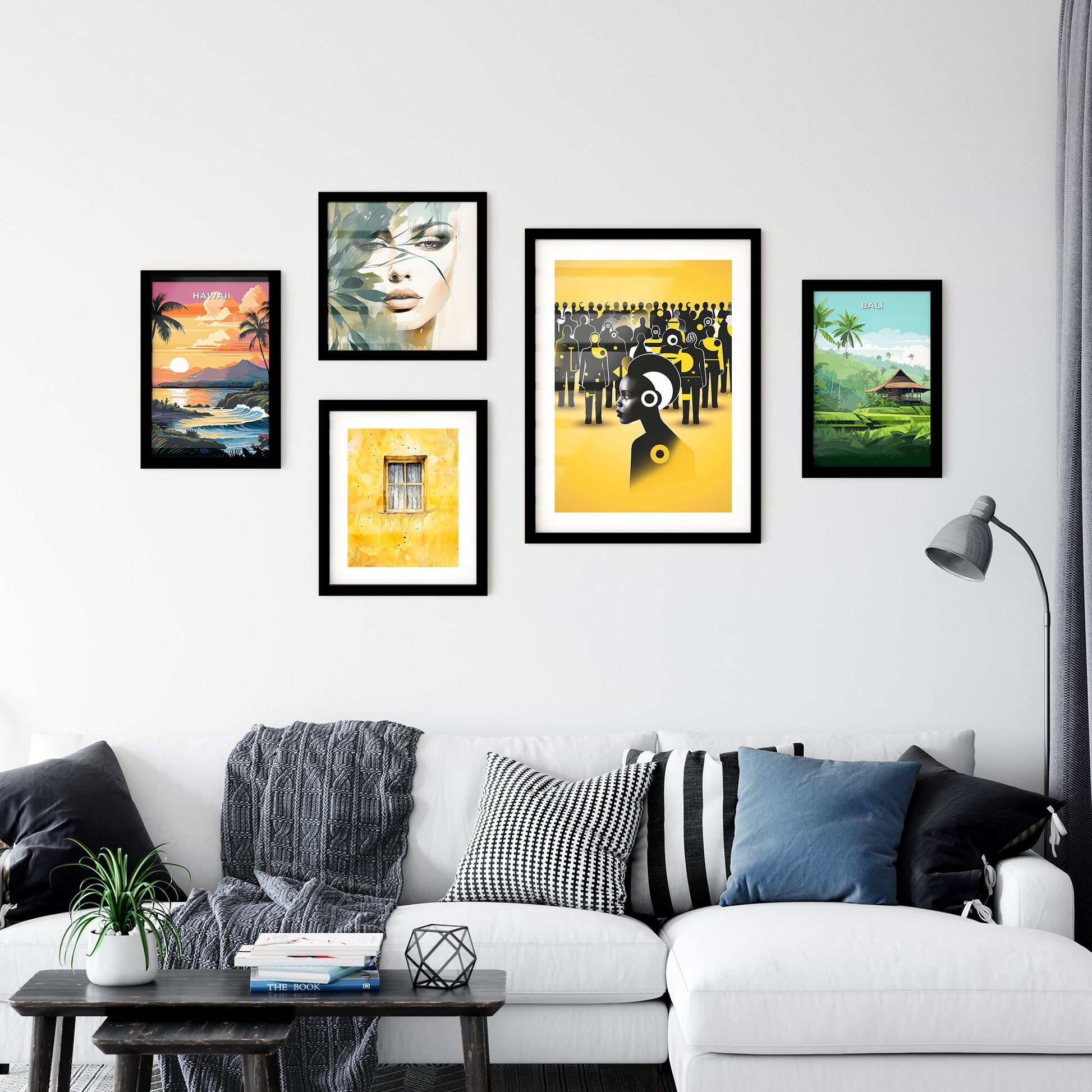 Vibrant Art Depicting Election Season with Social Media and Political Figures in a Yellow Room, Featuring Primitive Shapes and Black and White Accents Default Title