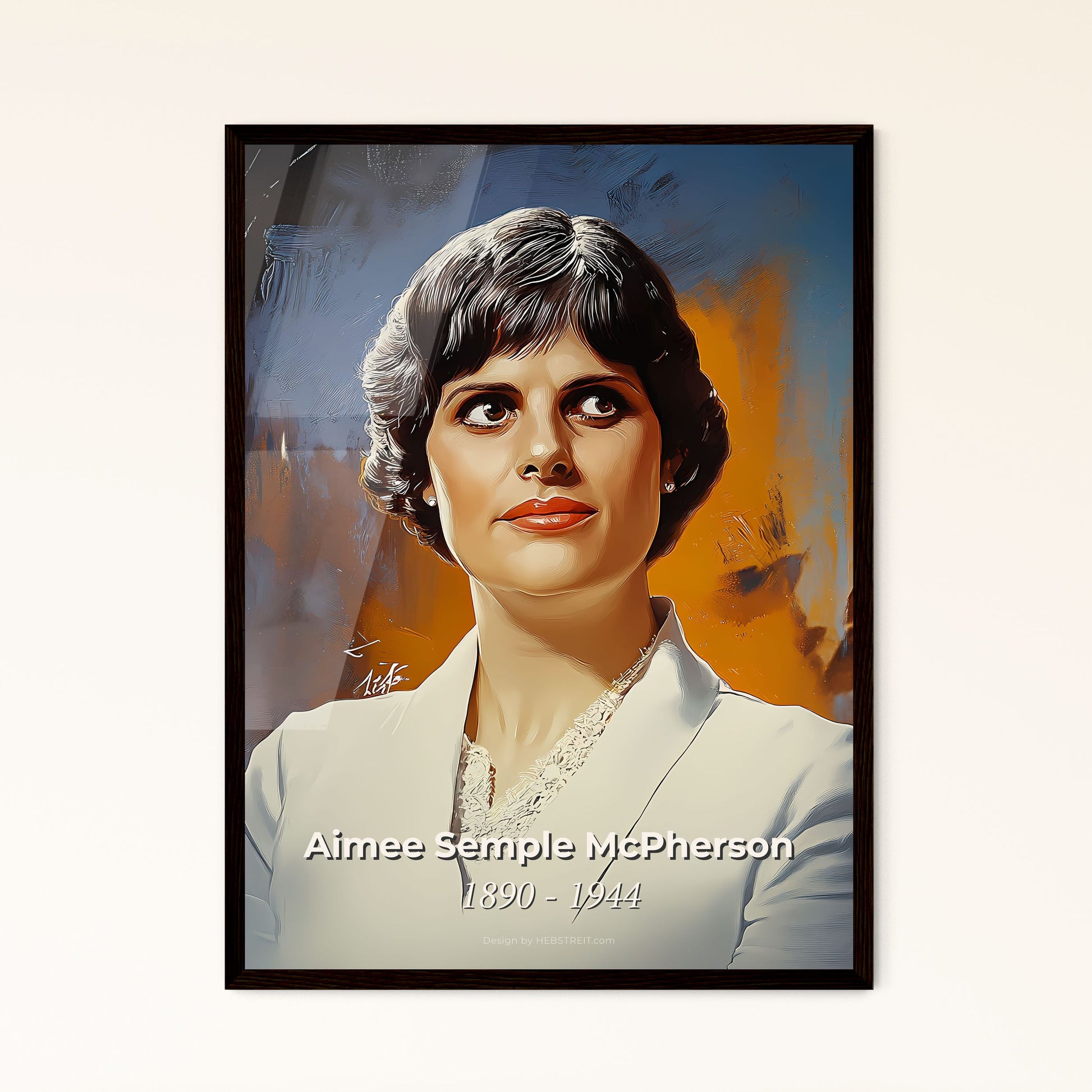 Portrait of Aimee Semple McPherson, 1890 - 1944. Impressionistic painting of a woman with short hair wearing a white shirt.