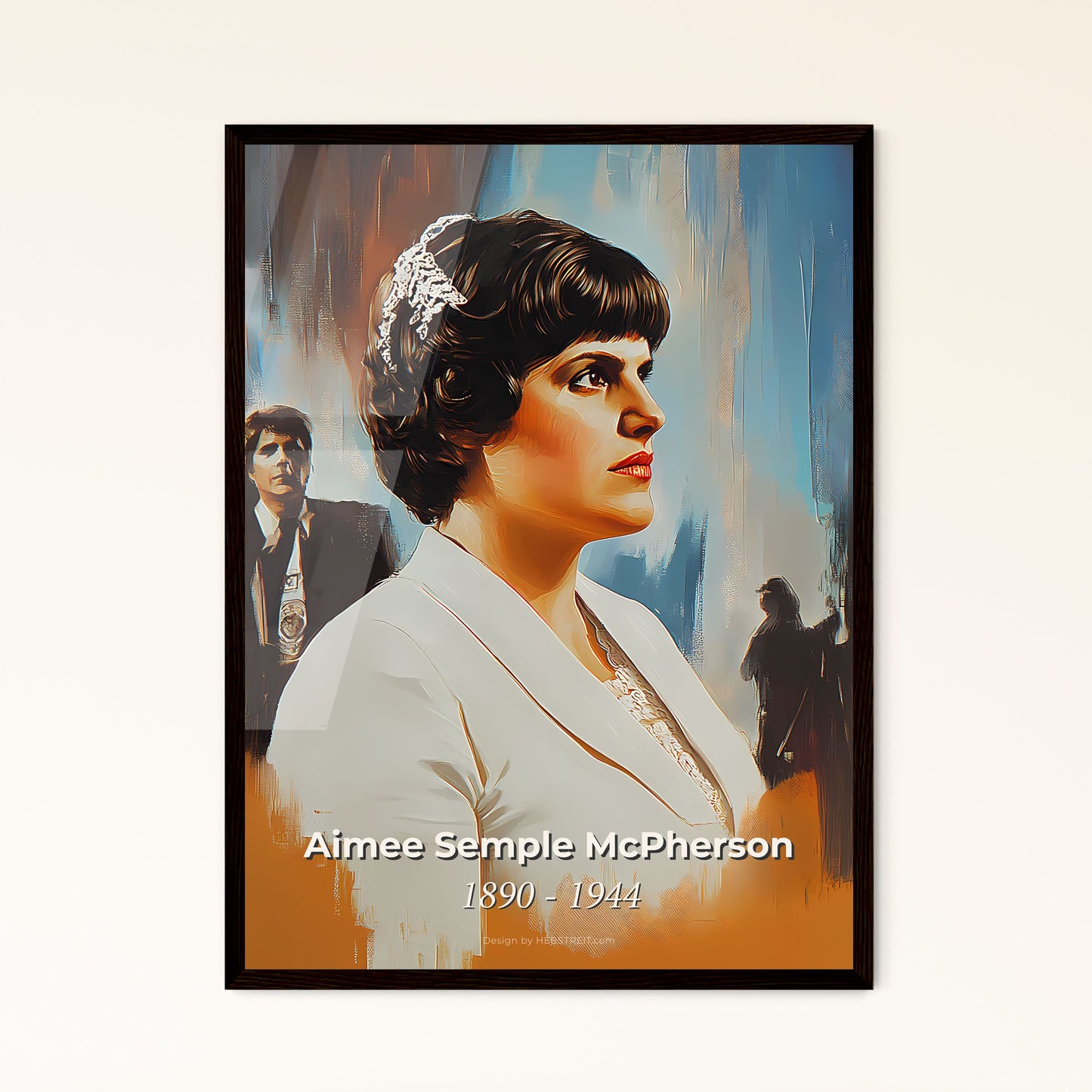 Portrait of Aimee Semple McPherson, 1890 - 1944. Impressionistic painting of a woman in a white shirt.