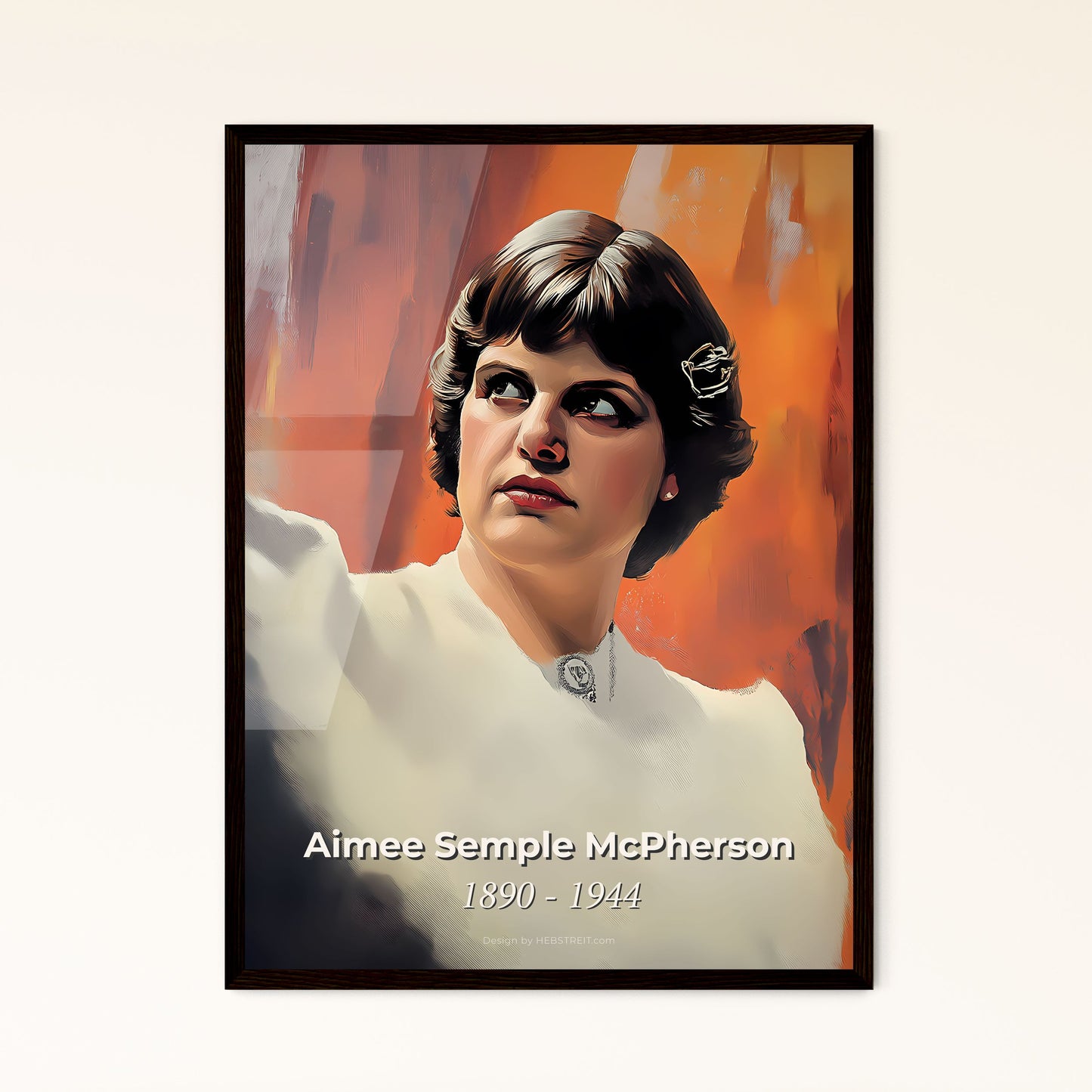 Portrait of Aimee Semple McPherson, 1890 - 1944. Impressionistic painting of a woman in a white dress.