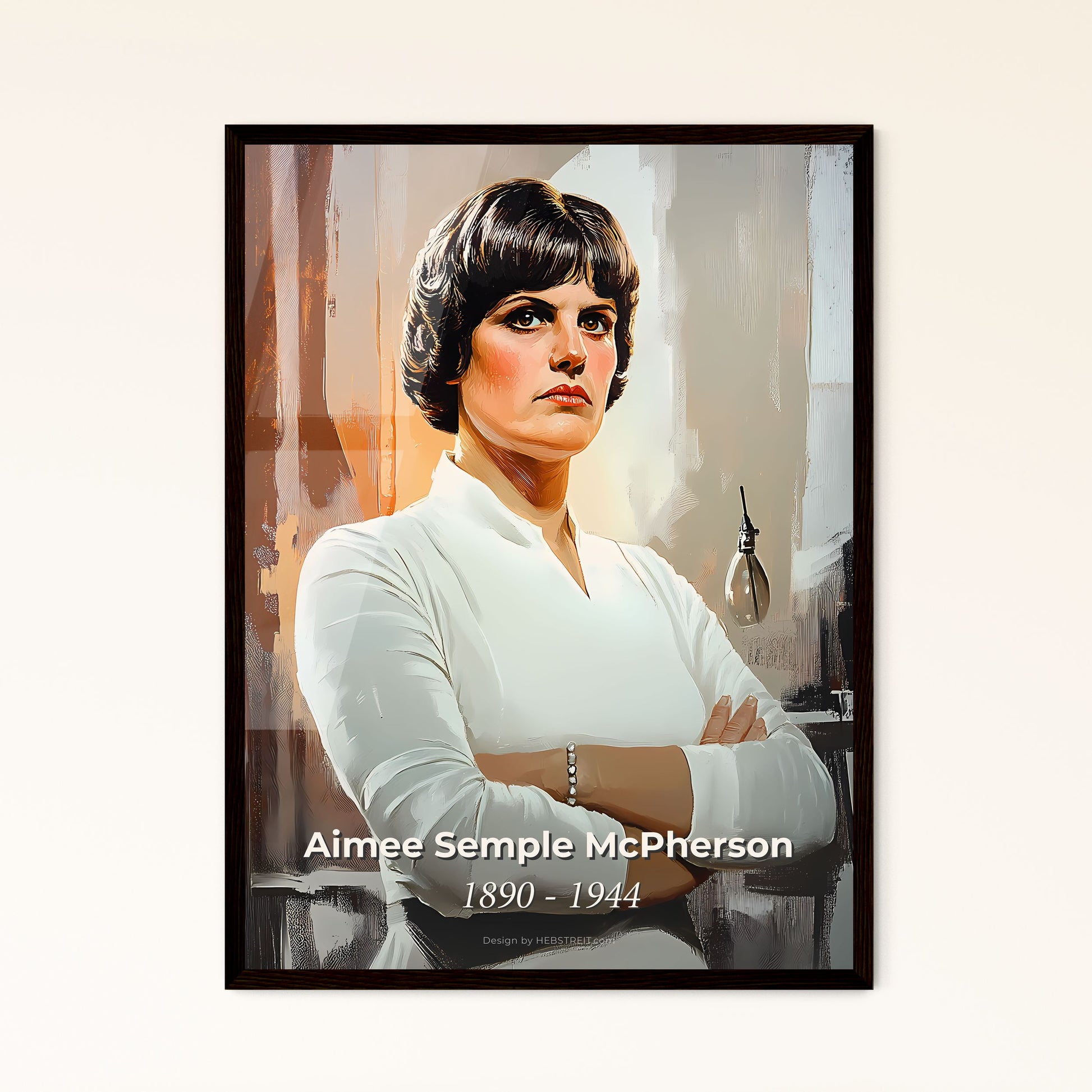 Portrait of Aimee Semple McPherson, 1890 - 1944. Impressionistic painting of a woman with her arms crossed.