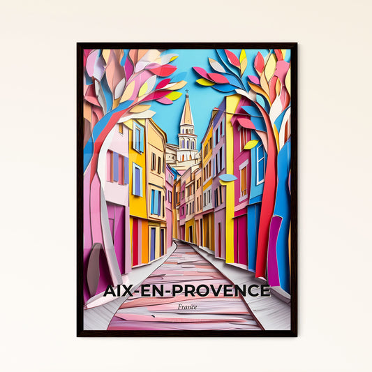 Vivid Aix-en-Provence, France - a colorful street with a church tower in the background