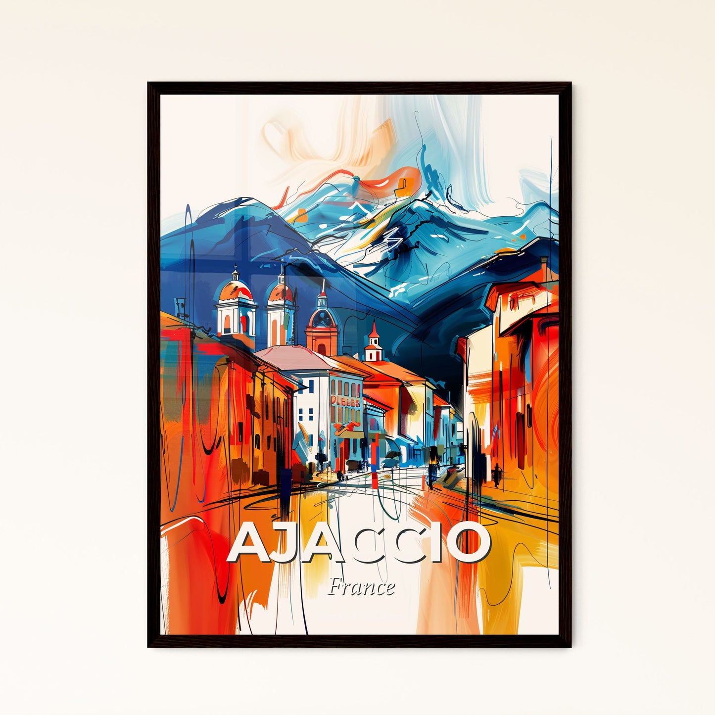 Vibrant Ajaccio, France - A Painting Of A Skyline With A Colorful Building