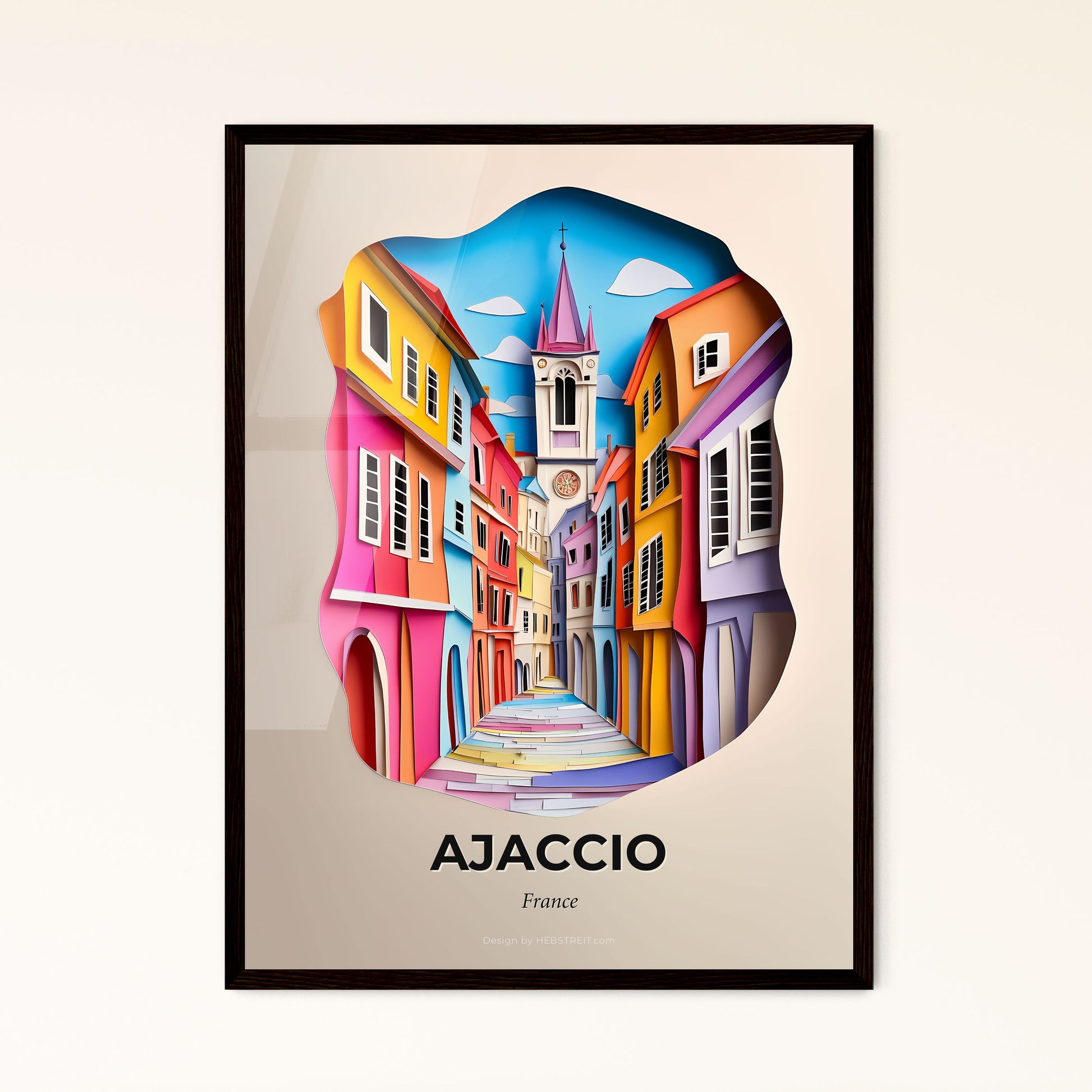 Vivid Ajaccio, France - a paper cut of a street with a clock tower