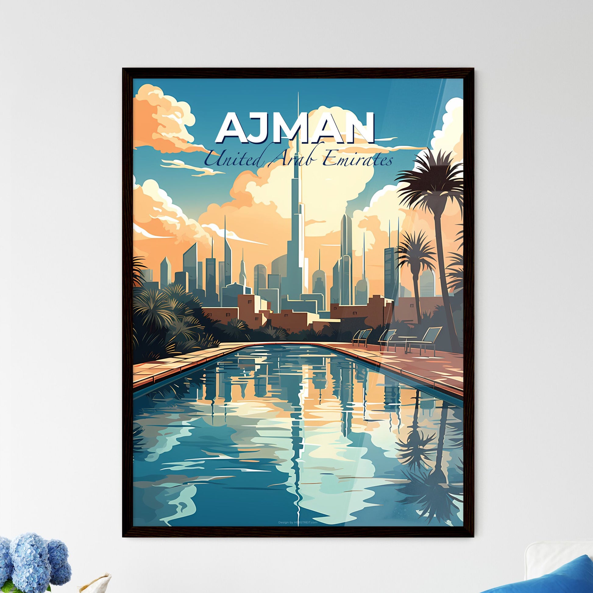 Vibrant Poolside Painting Depicting Ajman, UAE Skyline Default Title