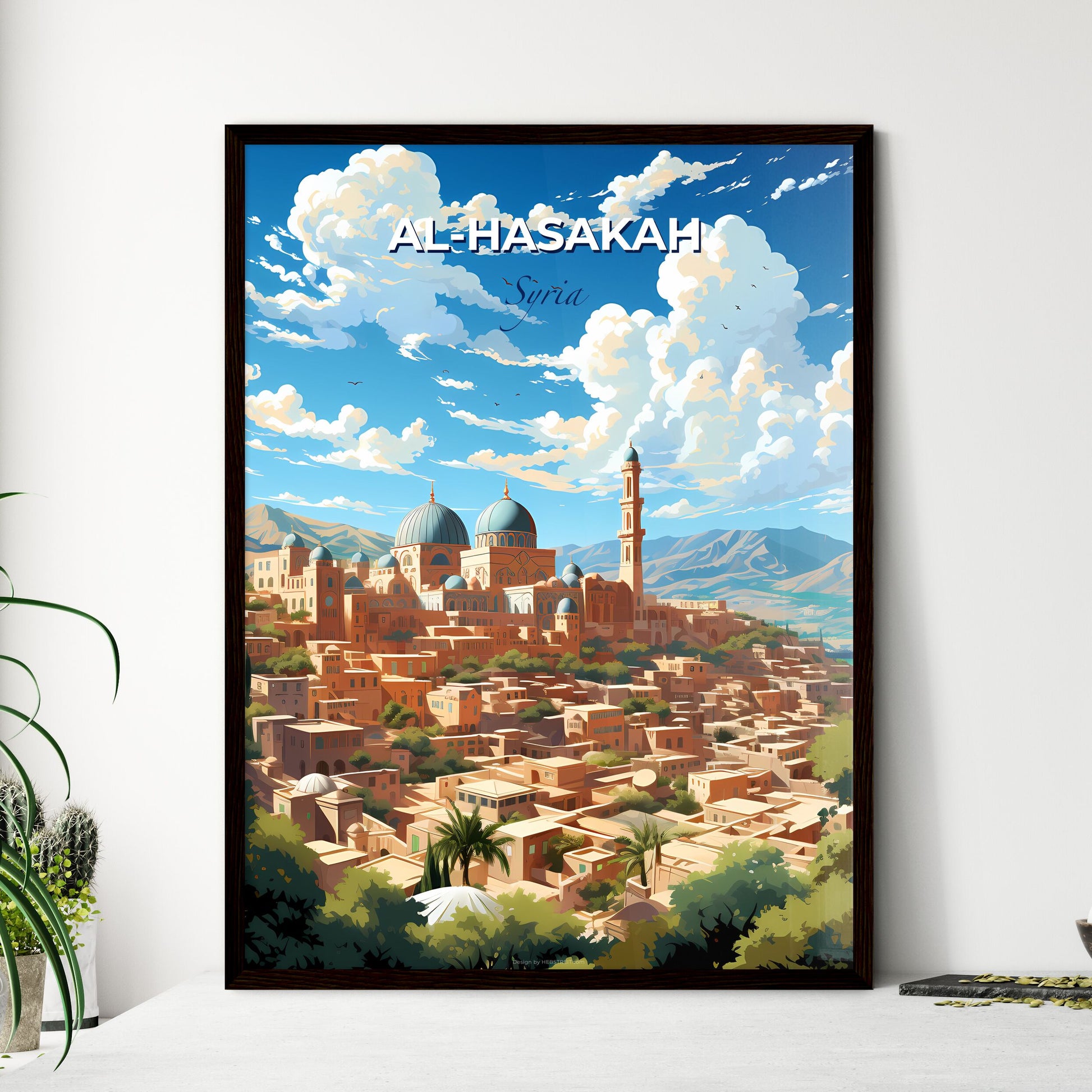 Skyline Painting Of Al-Hasakah Syria City With Buildings And Mountains Default Title