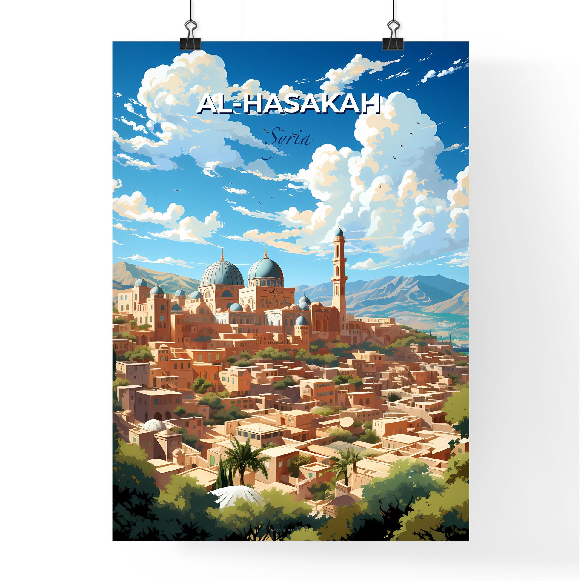 Skyline Painting Of Al-Hasakah Syria City With Buildings And Mountains Default Title