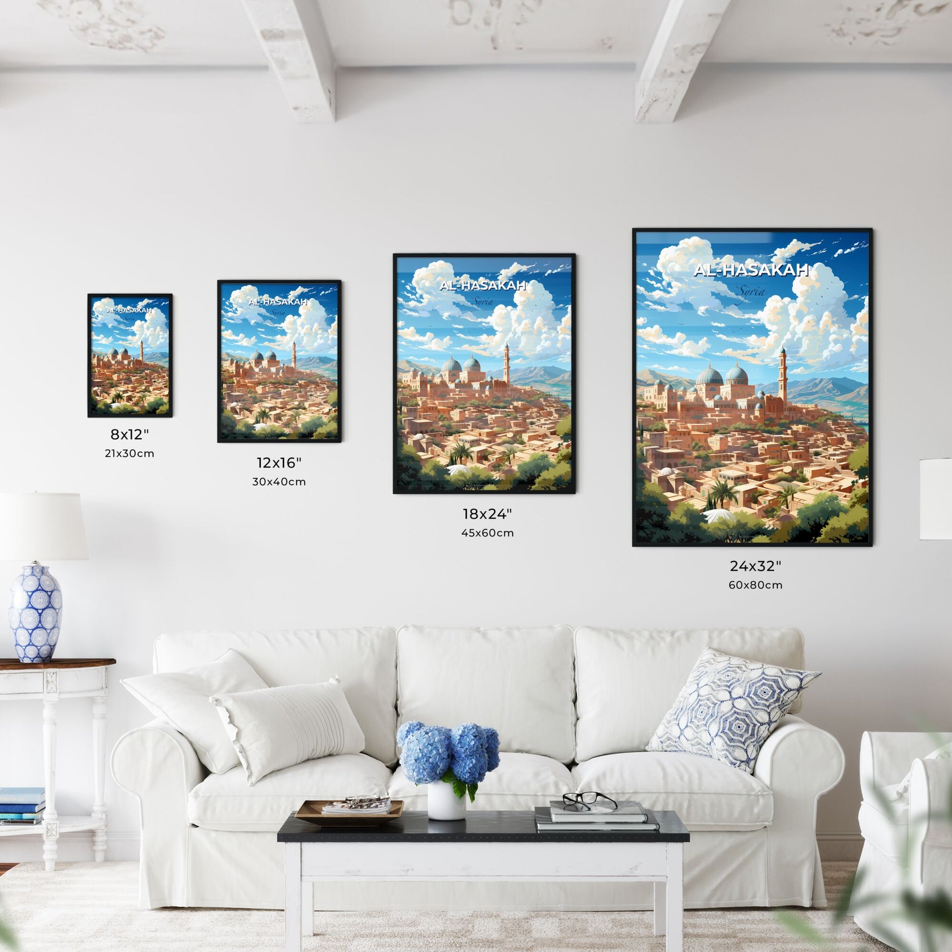 Skyline Painting Of Al-Hasakah Syria City With Buildings And Mountains Default Title