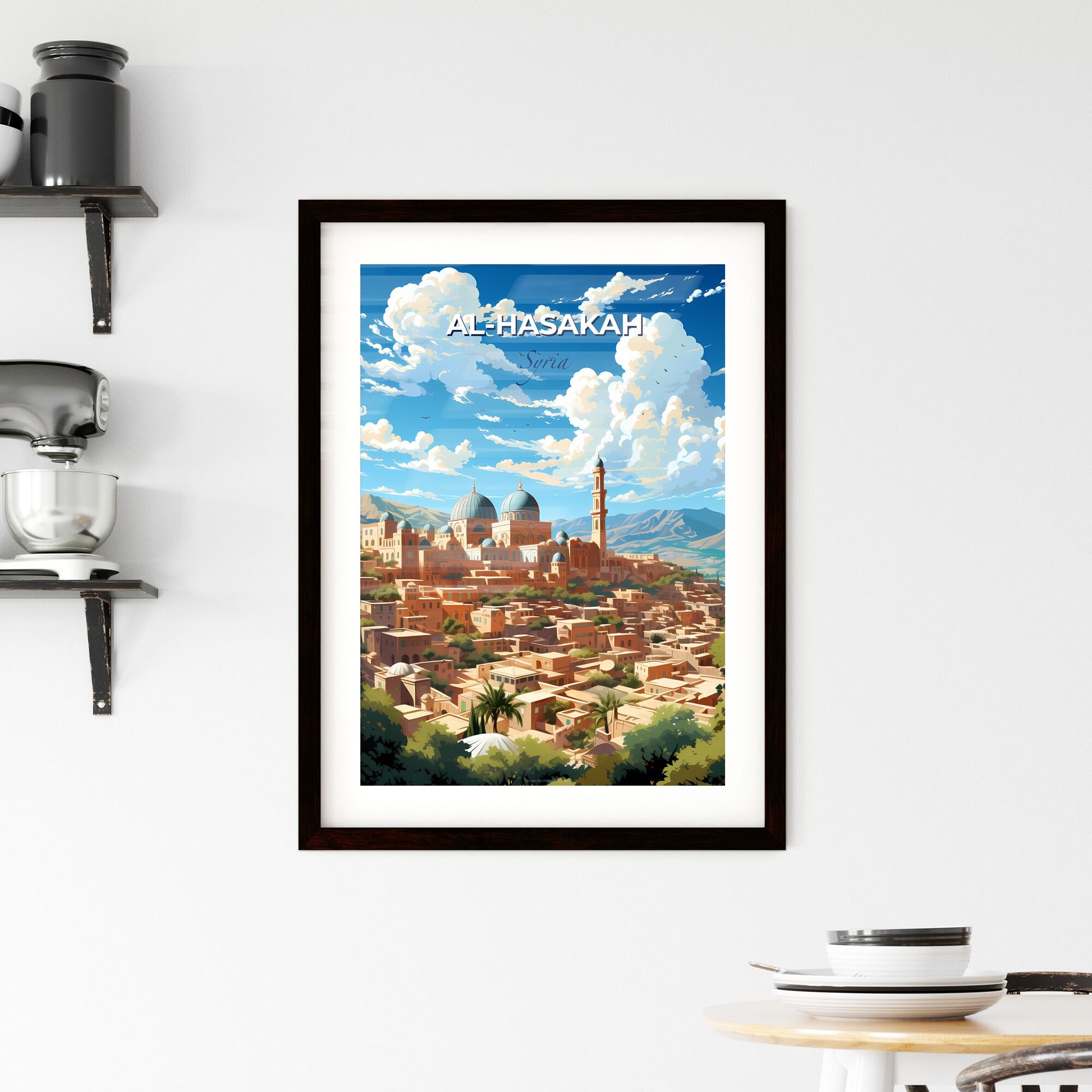 Skyline Painting Of Al-Hasakah Syria City With Buildings And Mountains Default Title