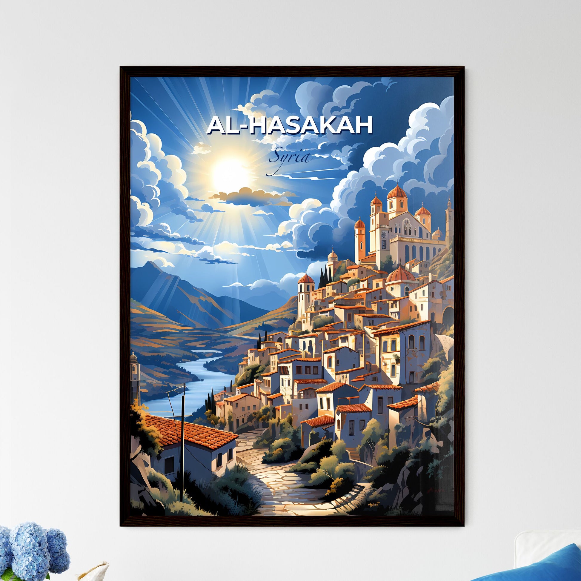 Vibrant Artistic Painting of Al-Hasakah Skyline: Syrian Town with River and Mountains Default Title