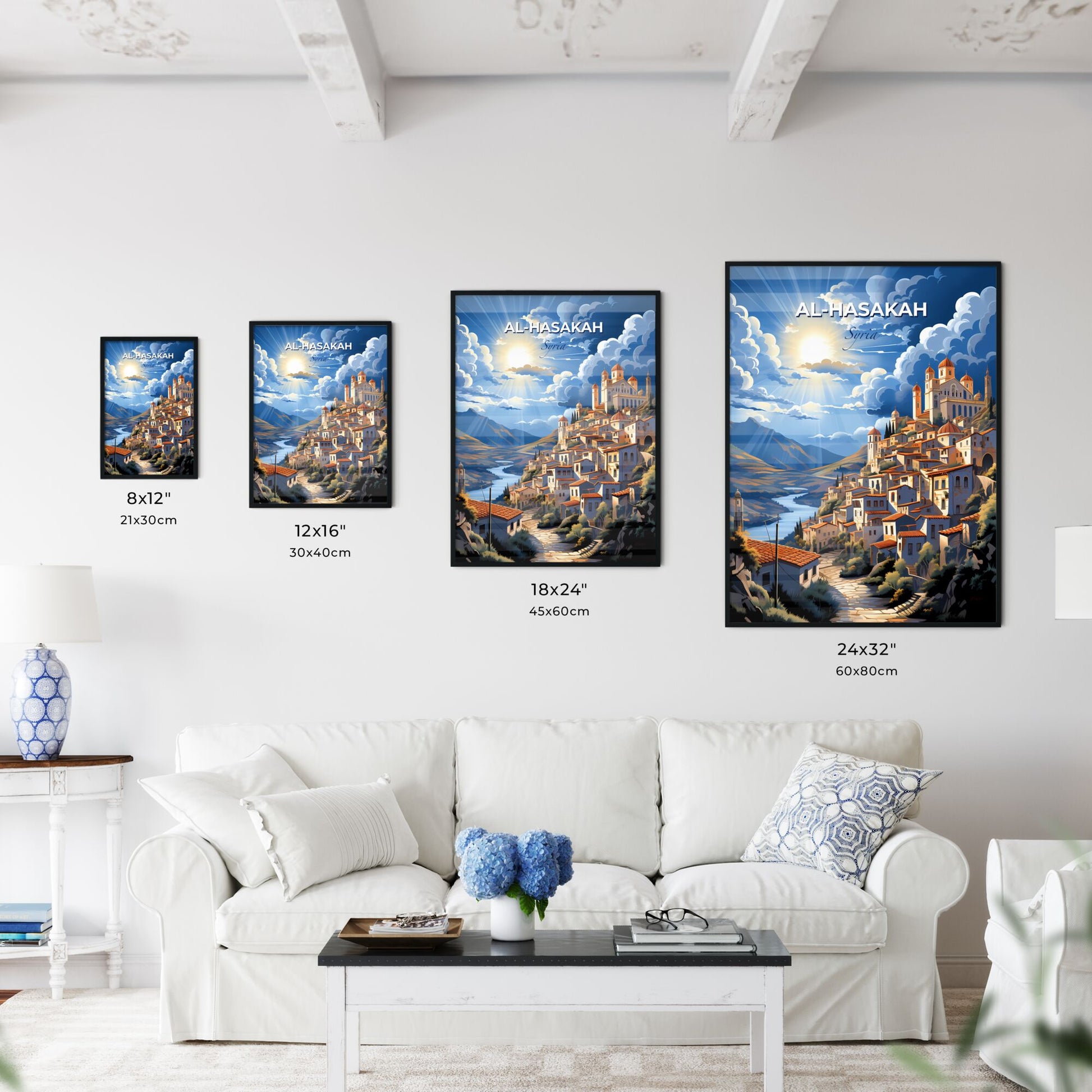 Vibrant Artistic Painting of Al-Hasakah Skyline: Syrian Town with River and Mountains Default Title