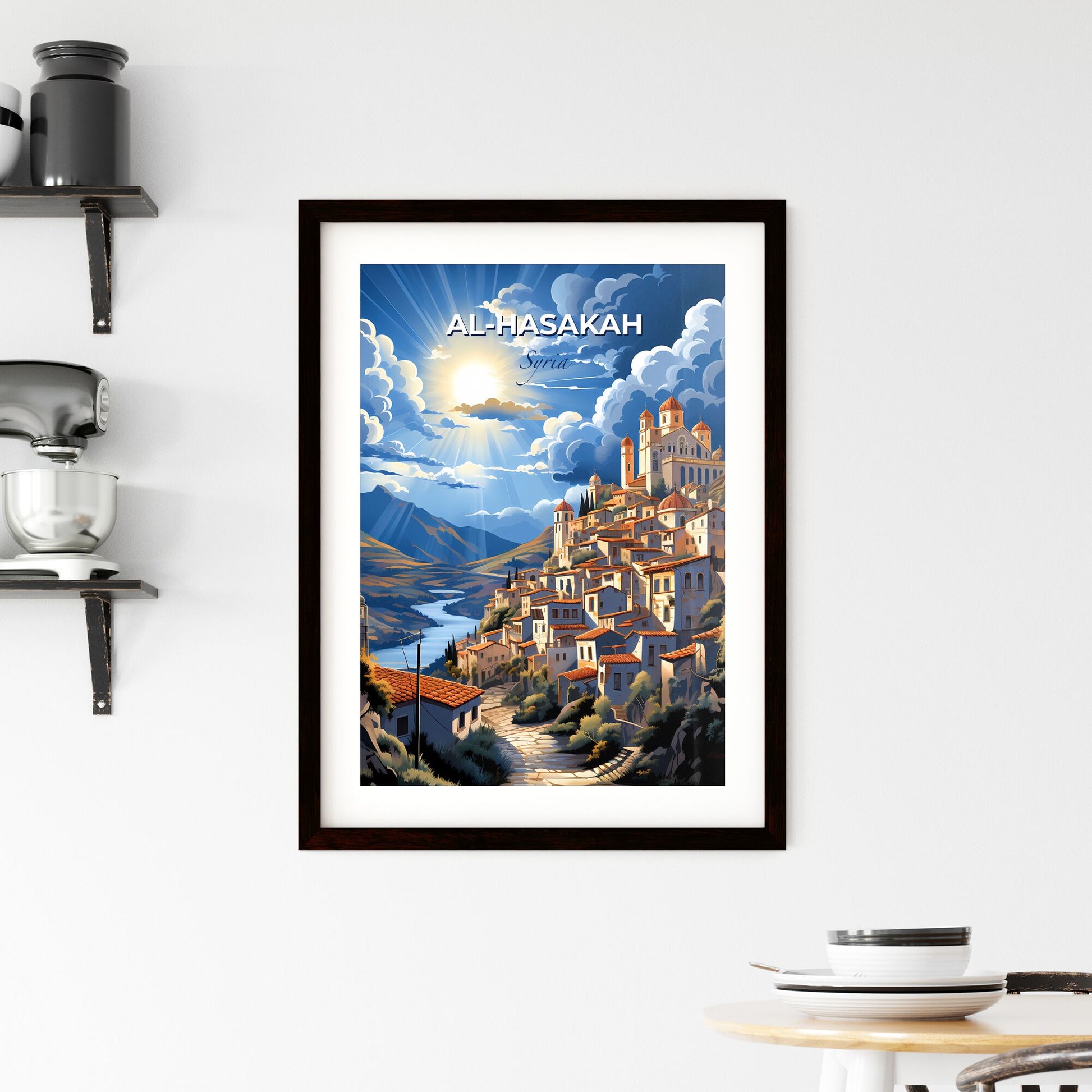 Vibrant Artistic Painting of Al-Hasakah Skyline: Syrian Town with River and Mountains Default Title