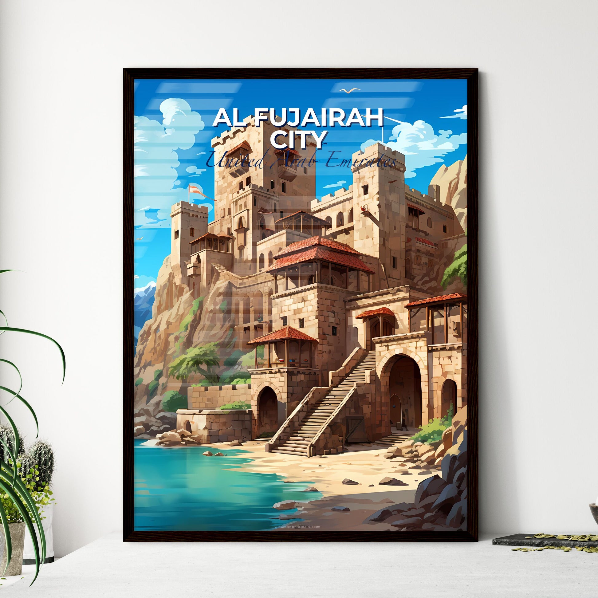Vibrant Artistic Painting of Al Fujairah City Skyline with Castle on Cliff, UAE Default Title