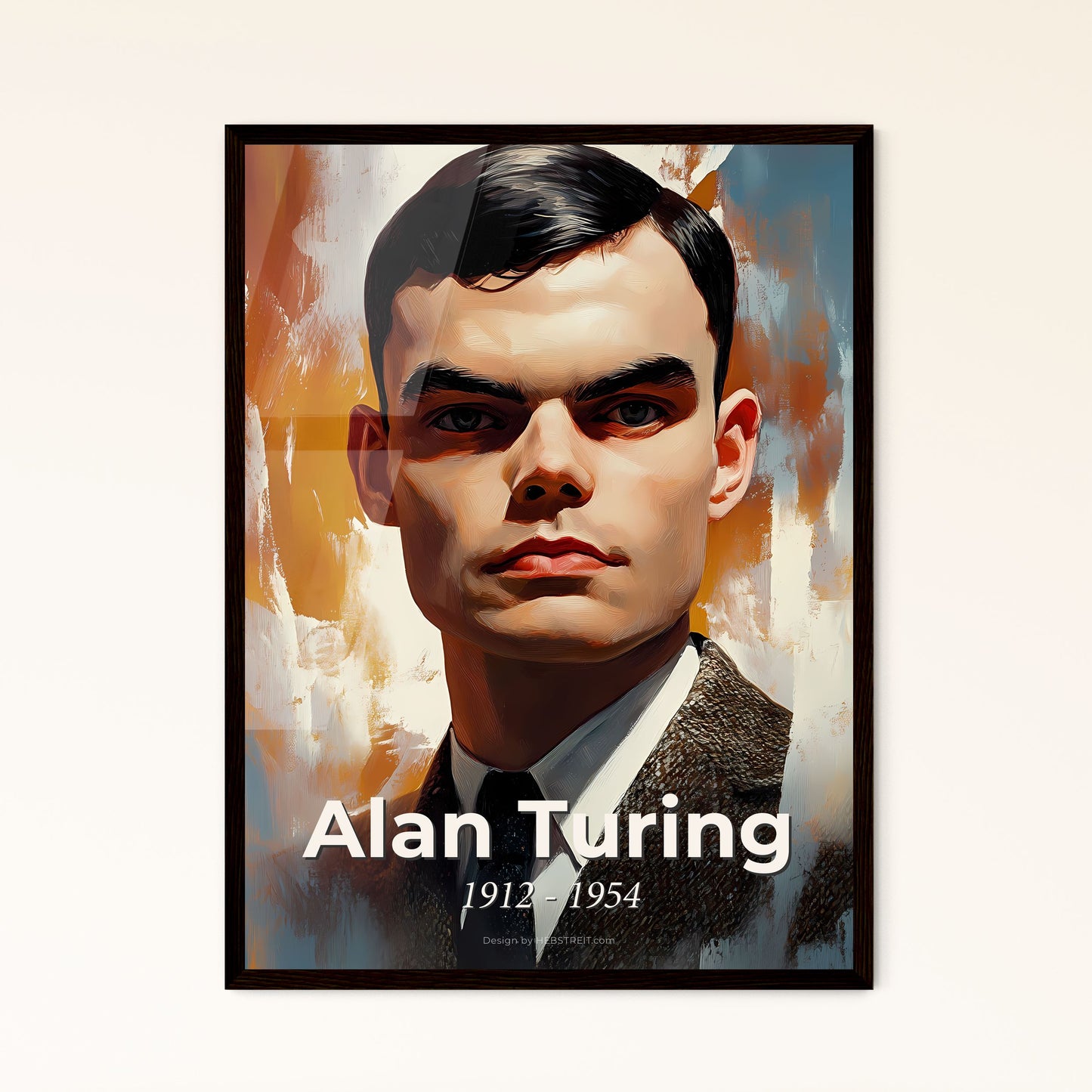 Portrait of Alan Turing, 1912 - 1954. Impressionistic painting of a man in a suit and tie.