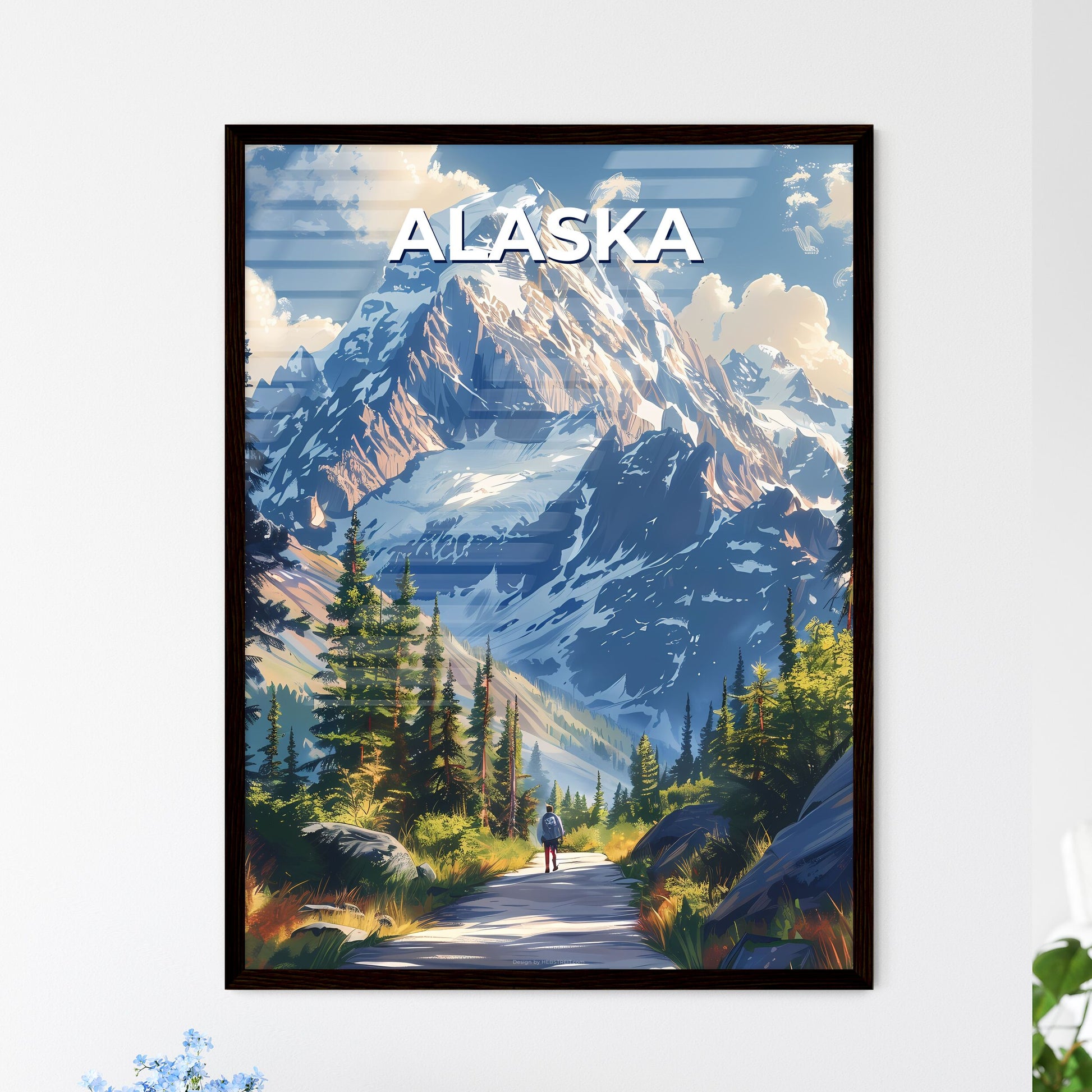 Colorful Landscape Painting of Alaskan Mountain and Person on Path