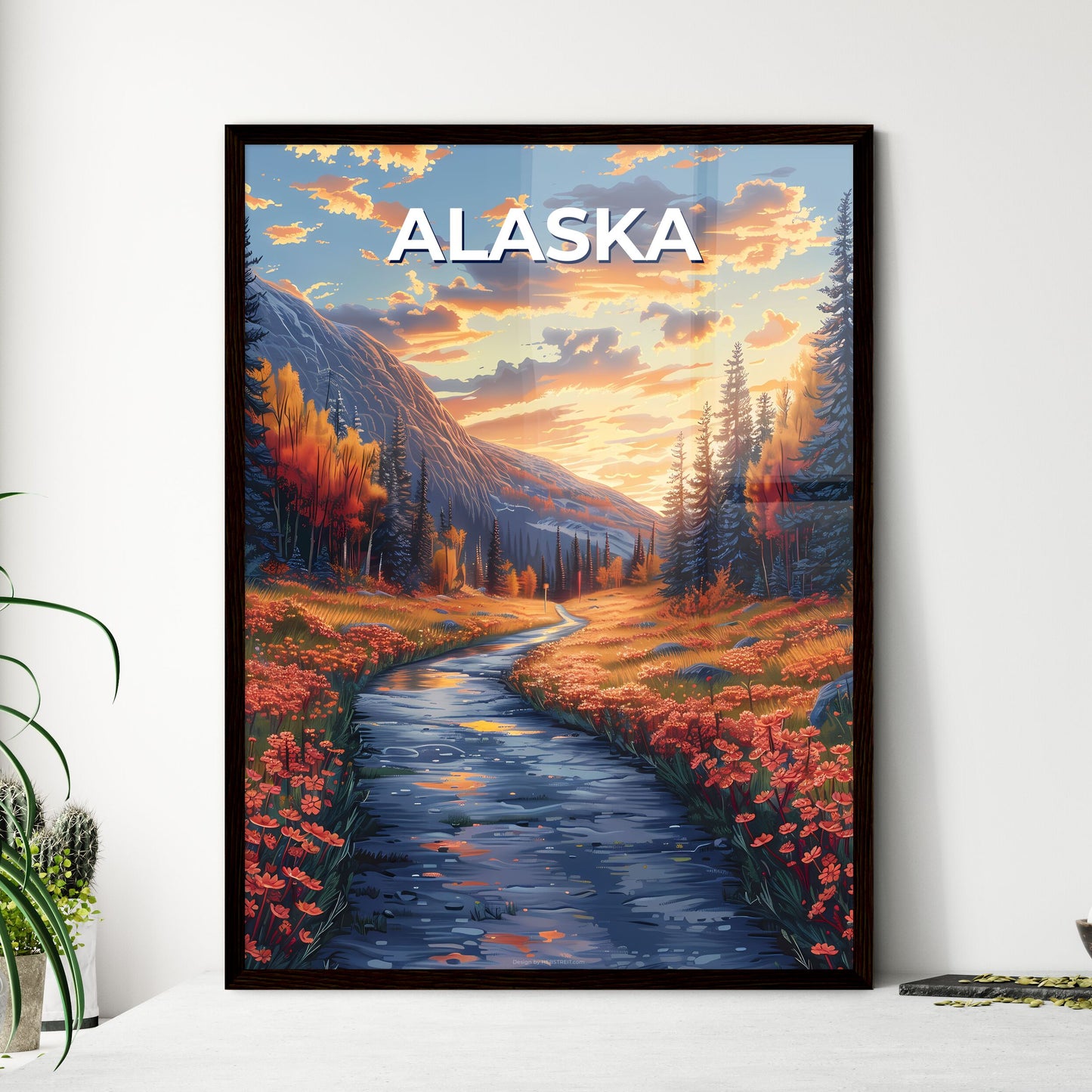 Artistic Depiction of River Flowing Through Lush Alaskan Forest