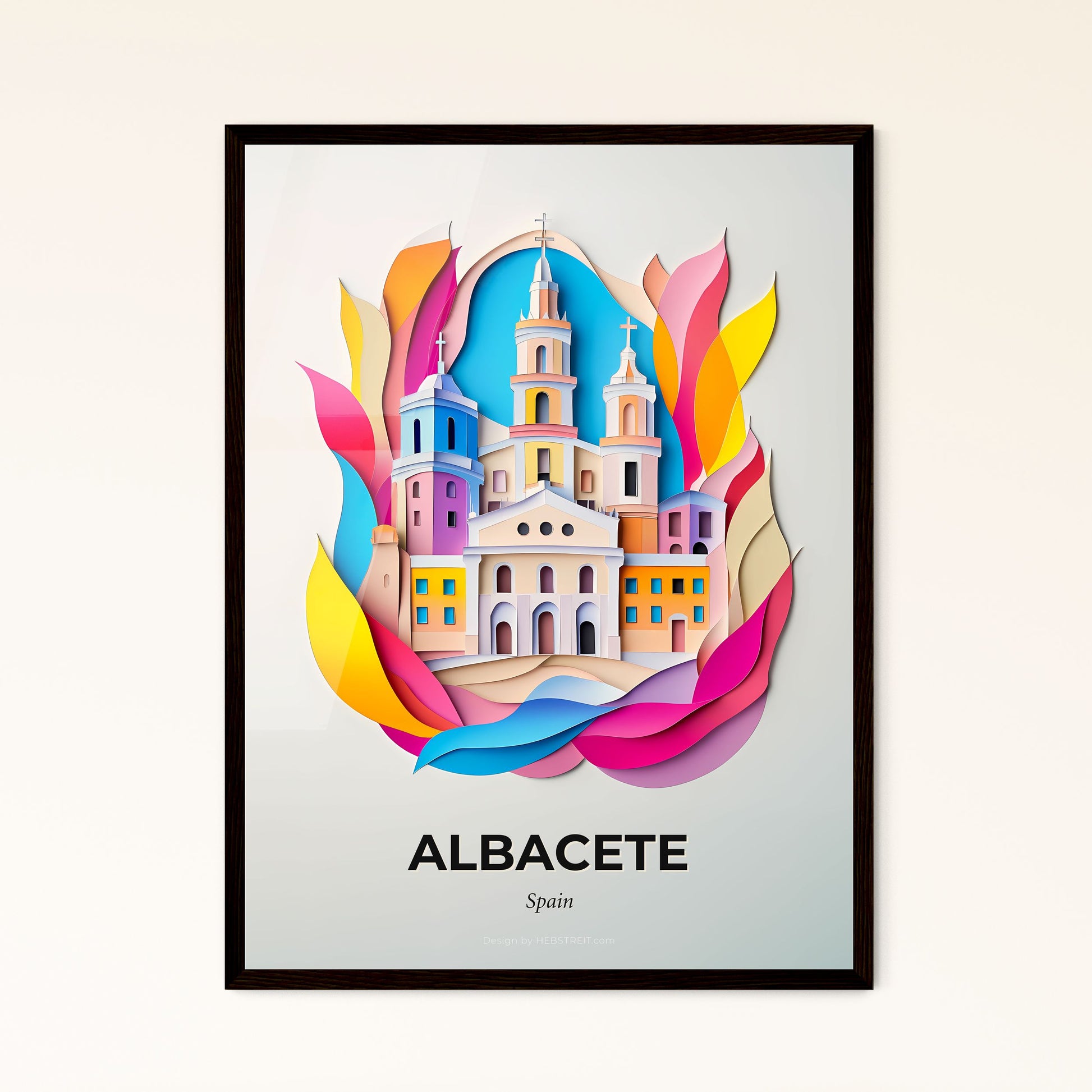 Vivid Albacete, Spain - a paper cut of a church with a rainbow colored background