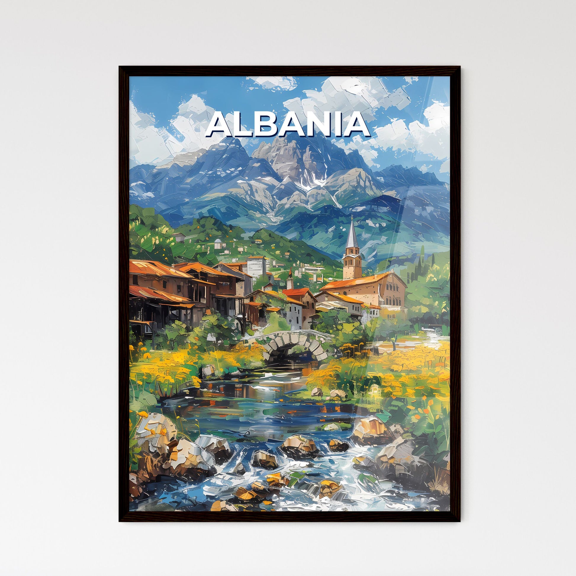 Pristine Albanian Town with Flowing River and Majestic Mountain Backdrop: A Stunning Artistic Masterpiece