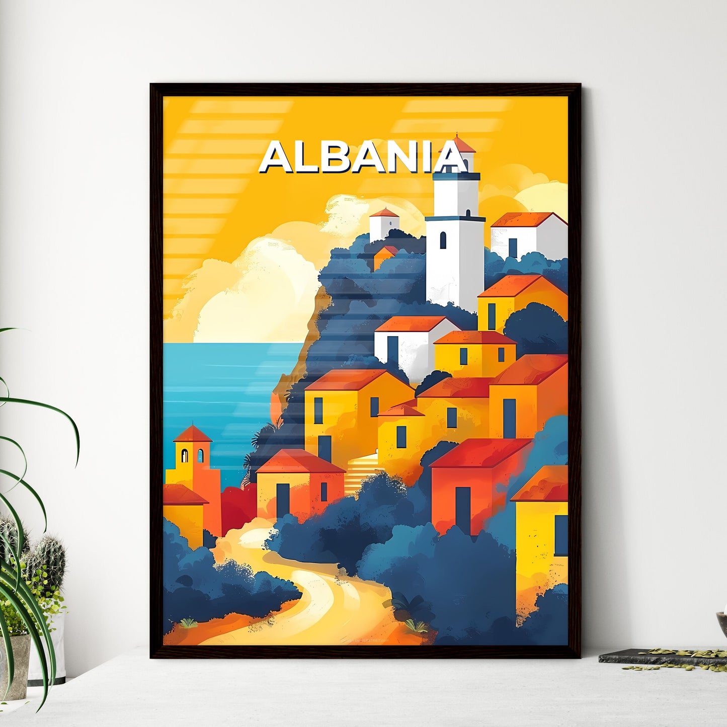 Colorful Hillside Houses, Albania - Vibrant Canvas Art Print, Europe Travel