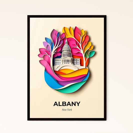 Vivid Albany, New York - a paper cut of a capitol building surrounded by colorful leaves