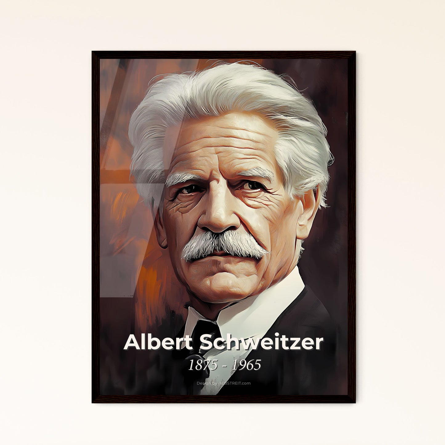 Portrait of Albert Schweitzer, 1875 - 1965. Impressionistic painting of a man with white hair and a mustache.