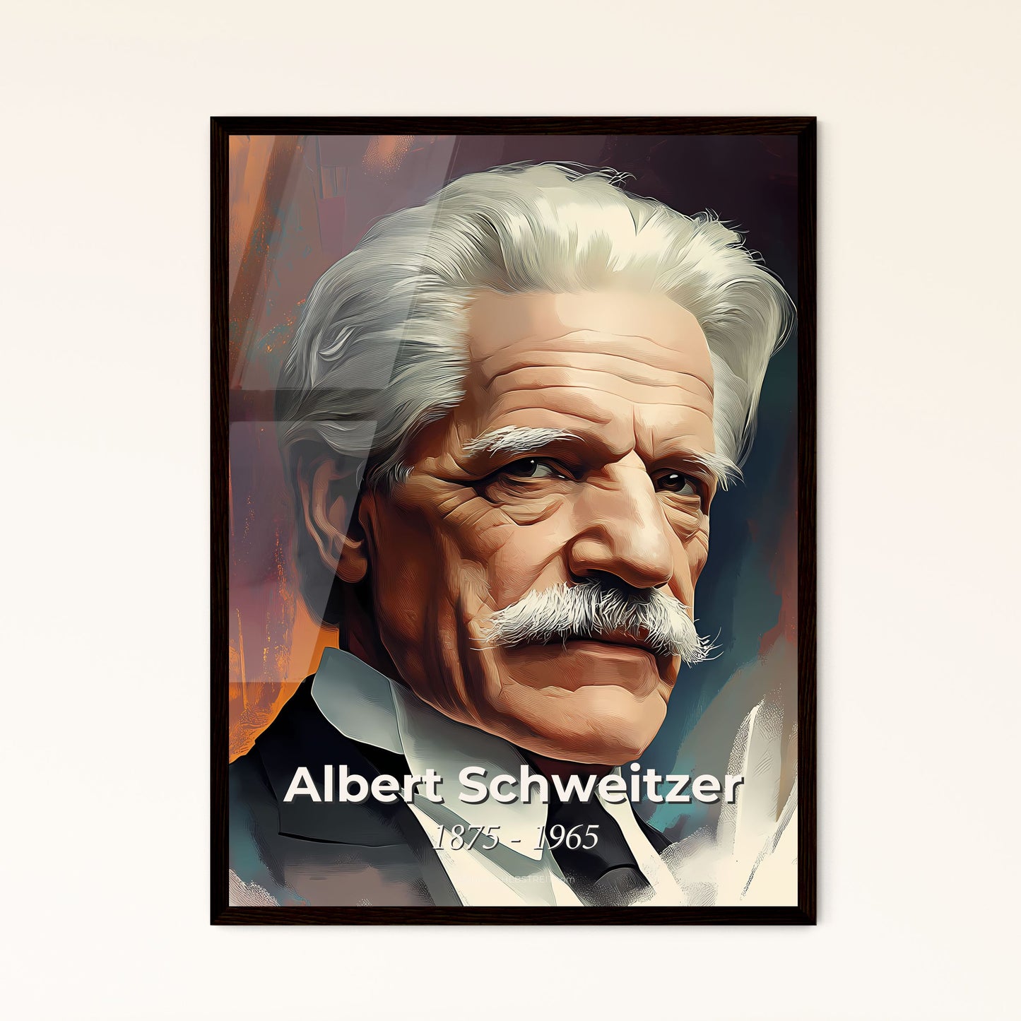 Portrait of Albert Schweitzer, 1875 - 1965. Impressionistic painting of a man with a mustache.