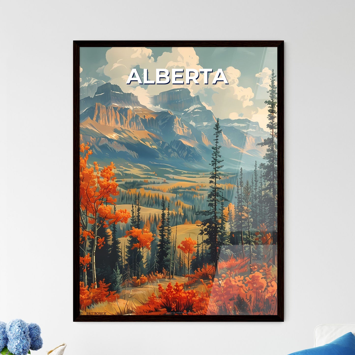 Vibrantly Painted Landscape Depicting the Mountains and Trees of Alberta, Canada