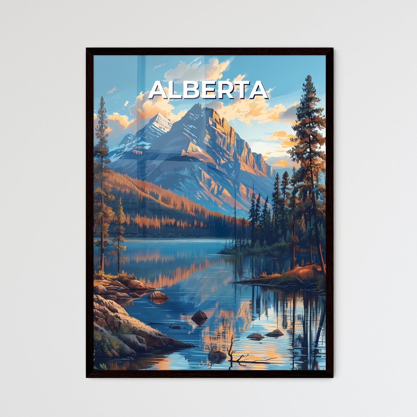 Vibrant Mountain Lake Painting - Alberta, Canada - Natural Scenery - Artistic Landscape - Scenic Artwork - Trees and Rocks