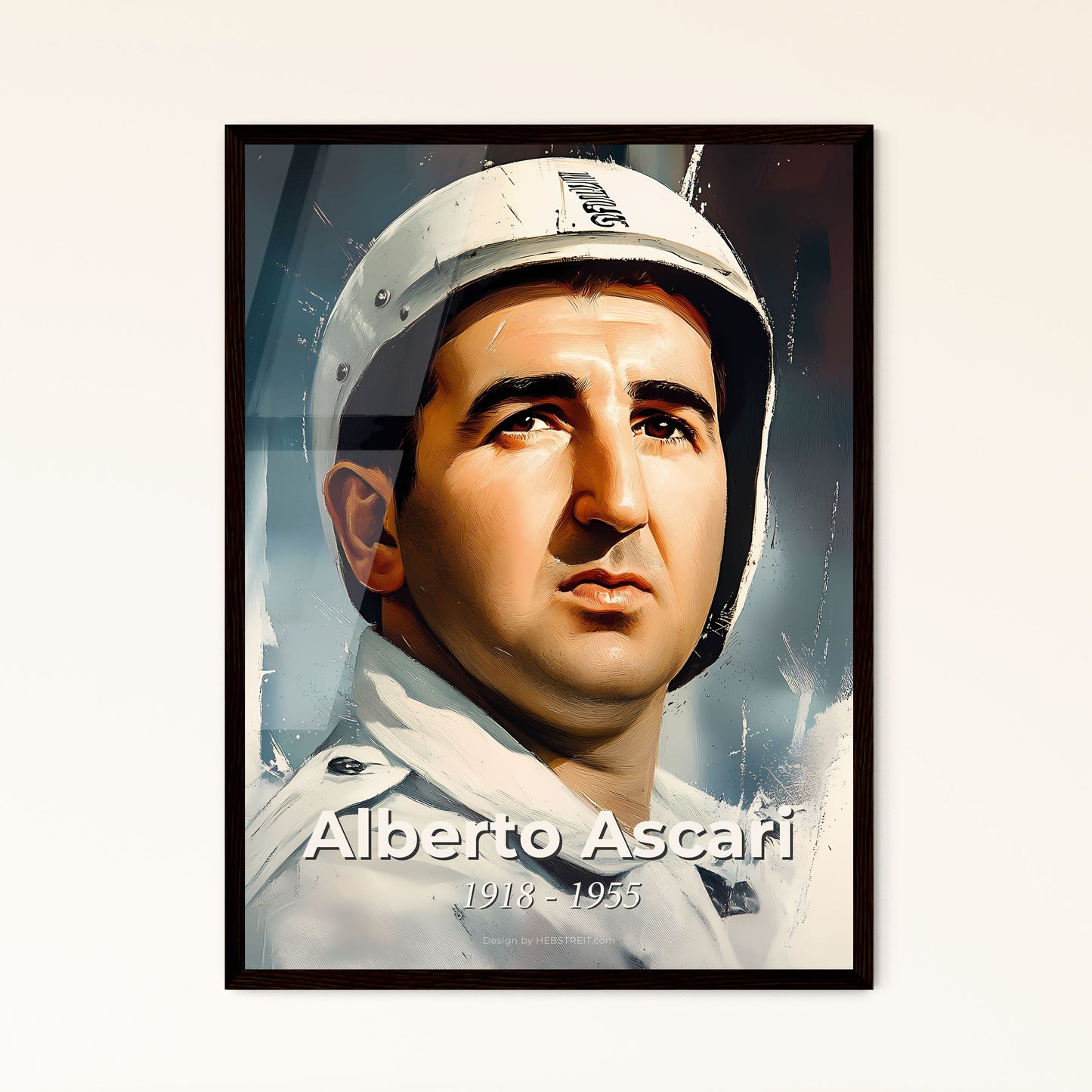 Portrait of Alberto Ascari, 1918 - 1955. Impressionistic painting of a man wearing a white helmet.